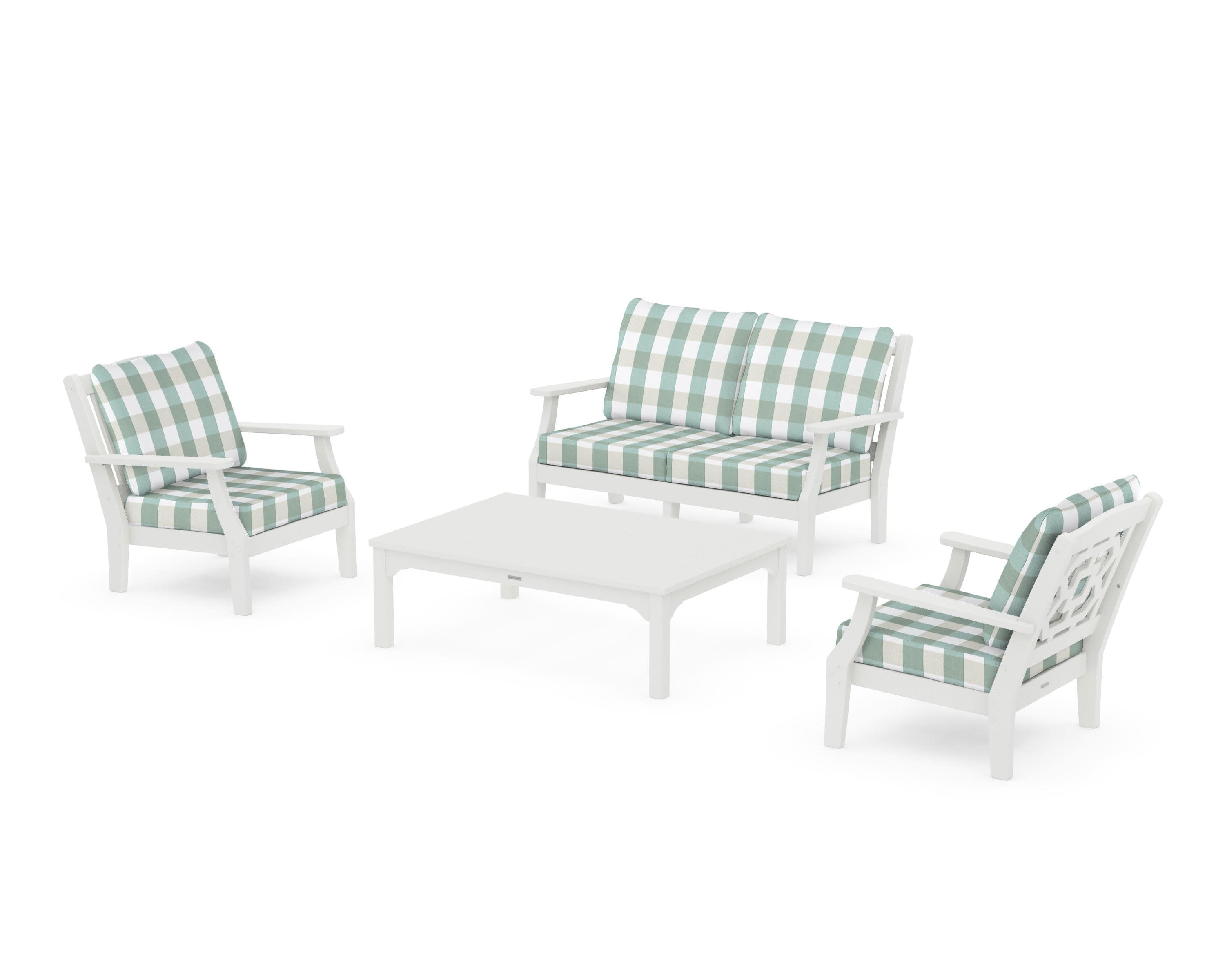Chinoiserie 4-Piece Deep Seating Set with Loveseat in Vintage White / Buffalo Plaid Glacier Spa