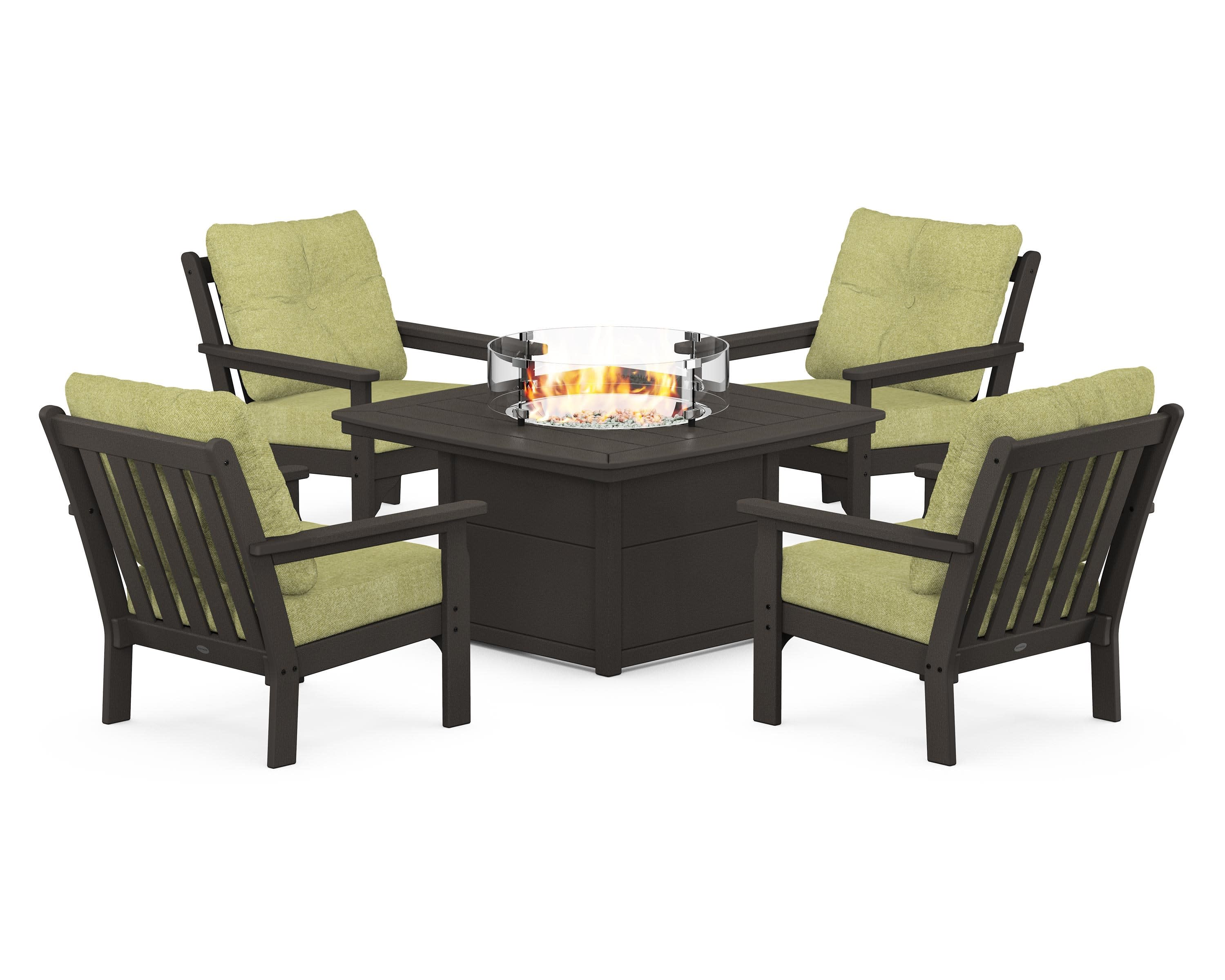 Vineyard 5-Piece Conversation Set with Fire Pit Table in Vintage Coffee / Chartreuse Boucle