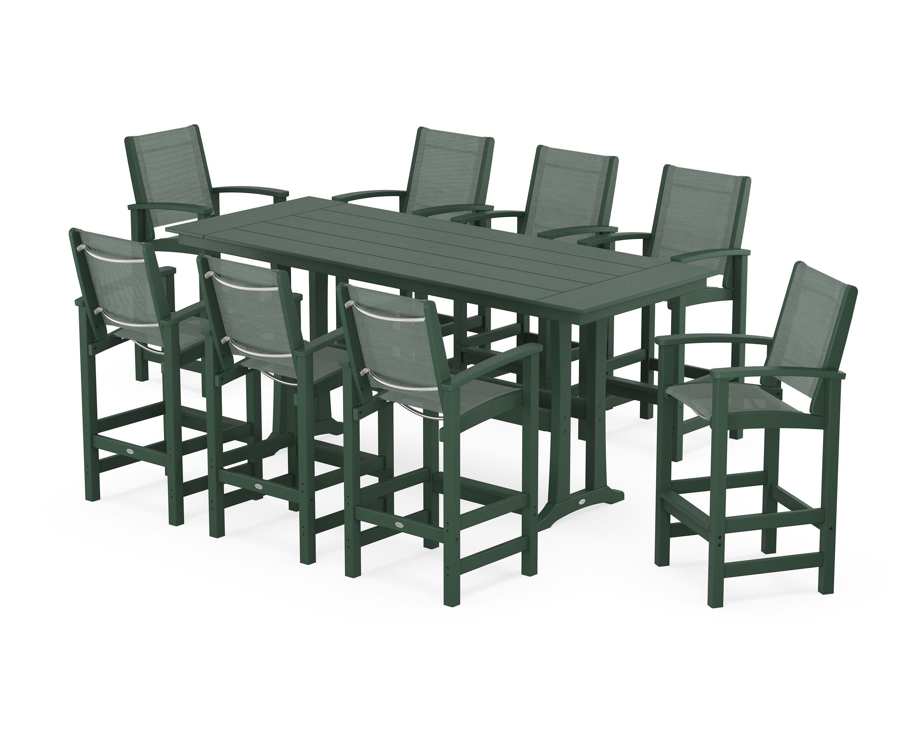 Coastal 9-Piece Farmhouse Bar Set with Trestle Legs in Green / Dupioni Sea Mist Sling