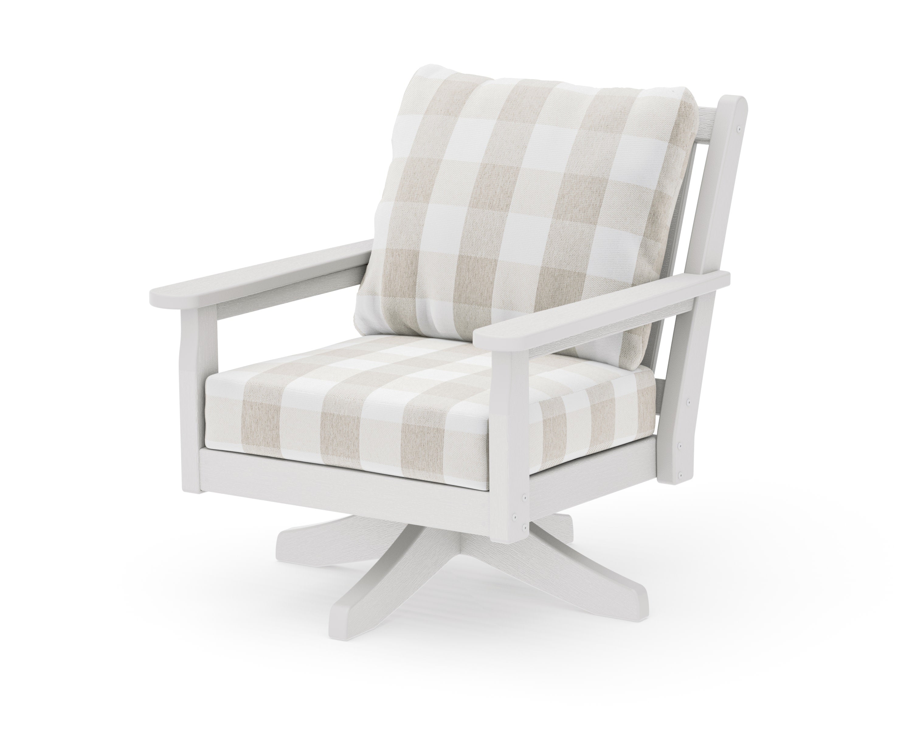 Chippendale Deep Seating Swivel Chair in Vintage White / Buffalo Plaid Dune Burlap