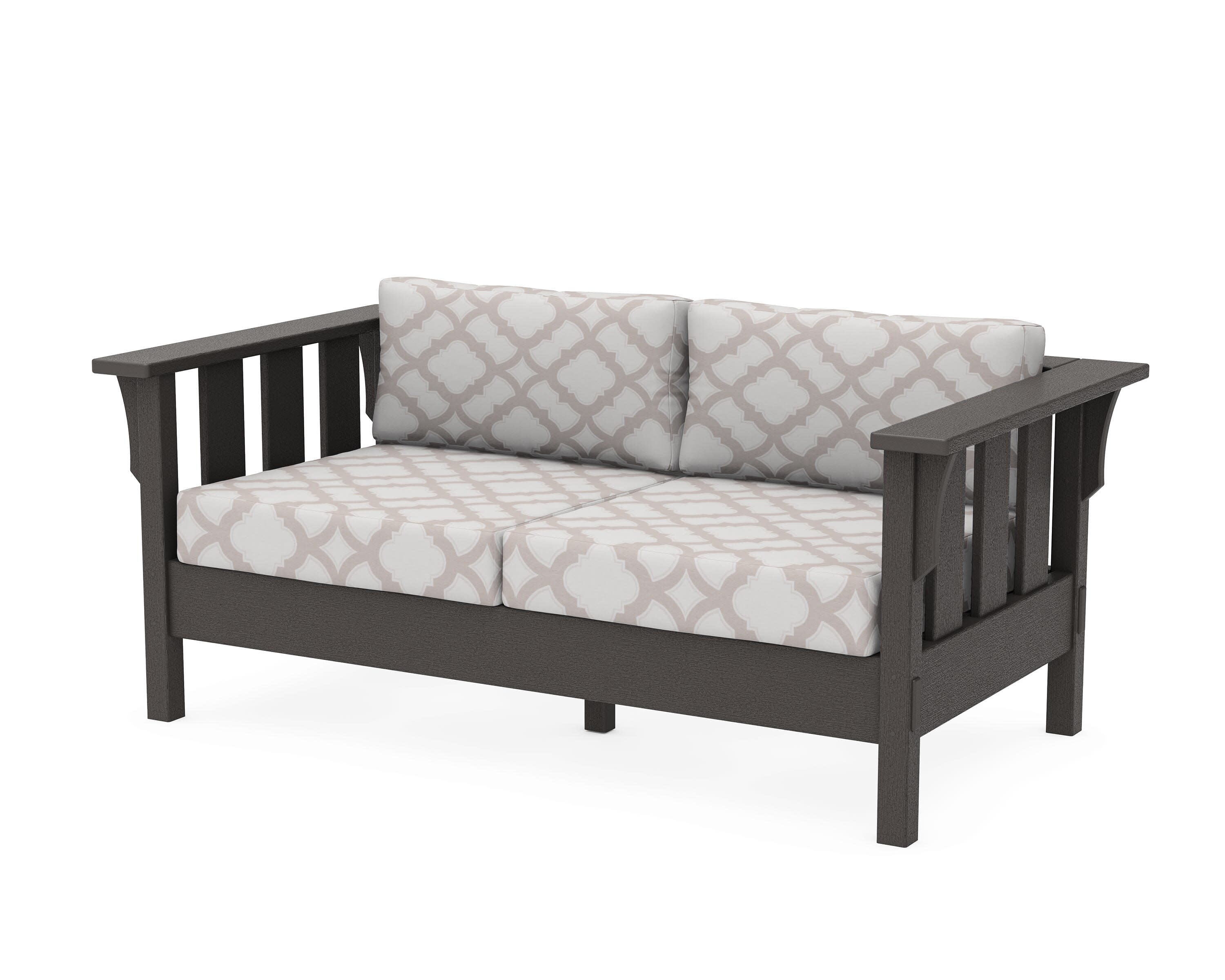 Acadia Deep Seating Loveseat in Vintage Coffee / Trellis Dune Burlap
