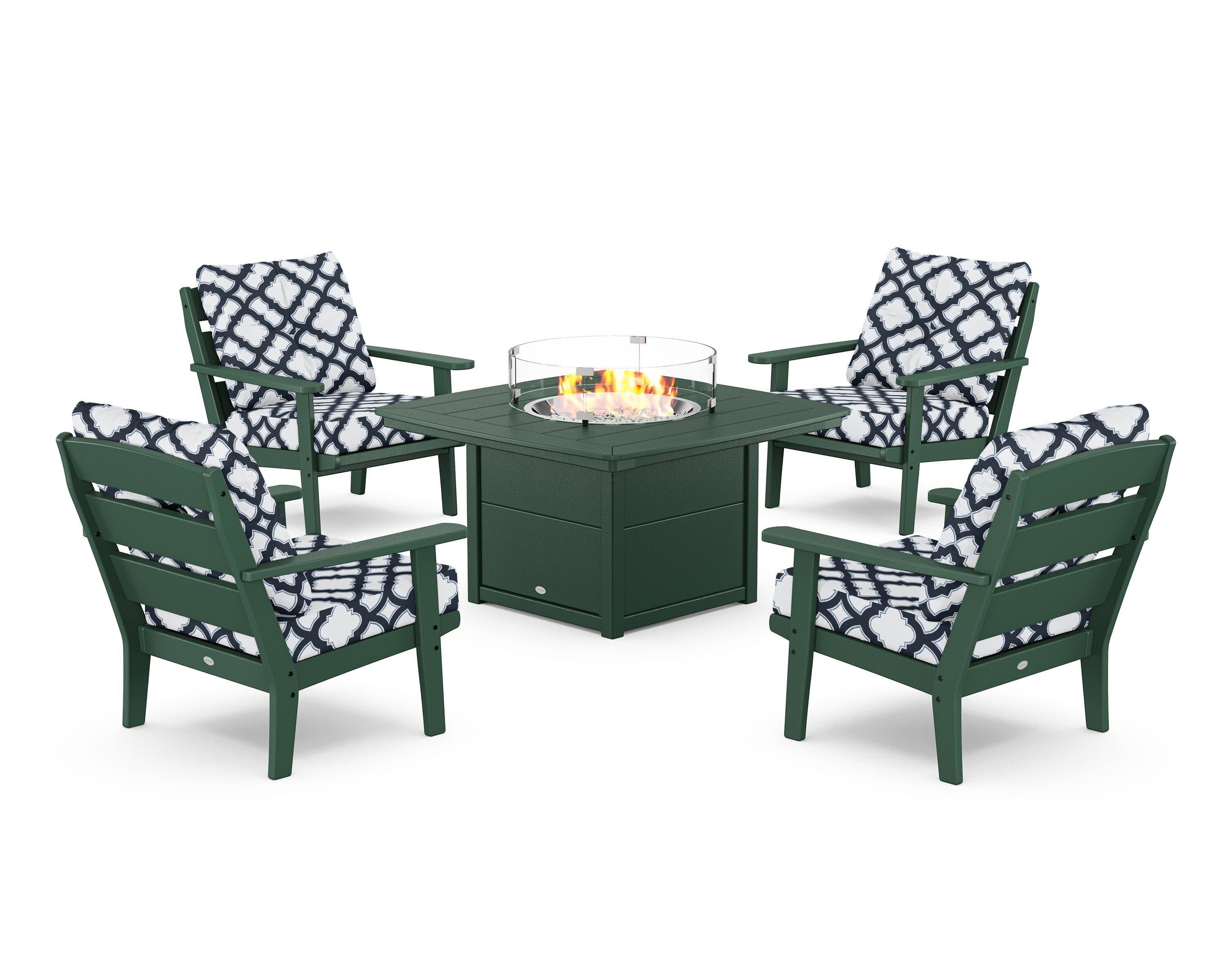 Lakeside 5-Piece Deep Seating Set with Nautical Fire Pit Table in Green / Trellis Marine Indigo