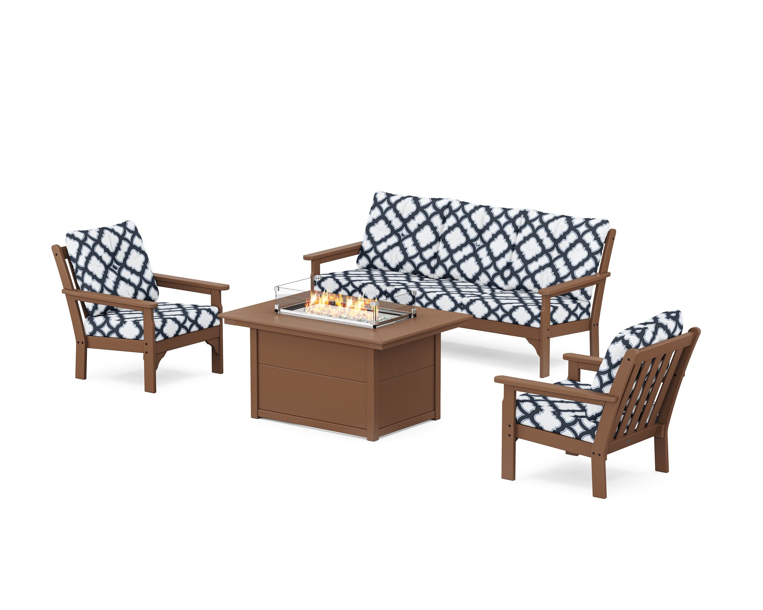 Vineyard Deep Seating Fire Pit Table Set in Teak / Trellis Marine Indigo