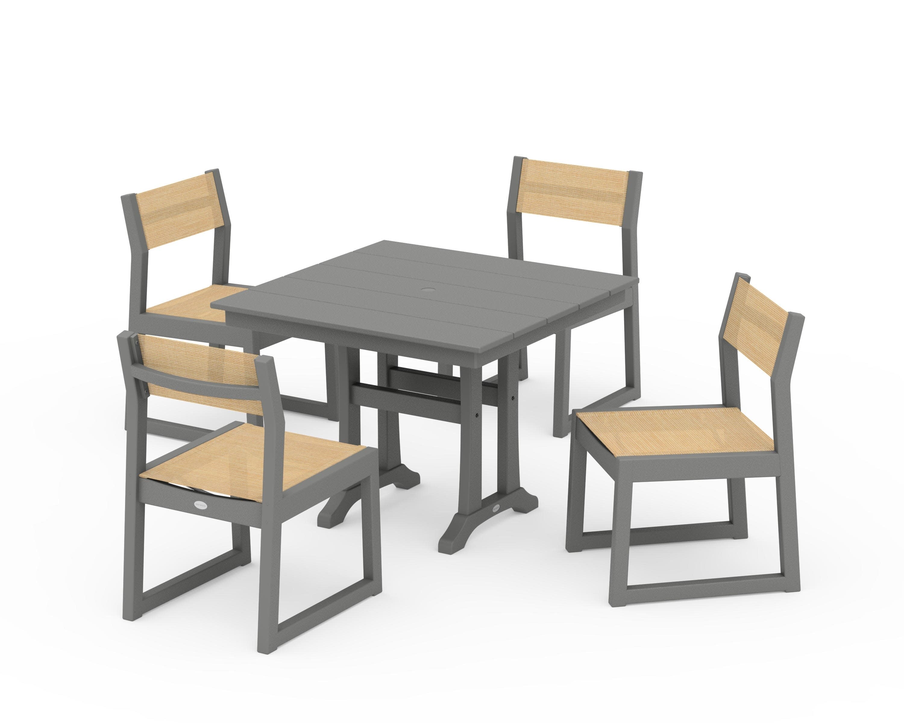 EDGE Sling 5-Piece Farmhouse Trestle Side Chair Dining Set in Slate Grey / Dupioni Apricot Sling
