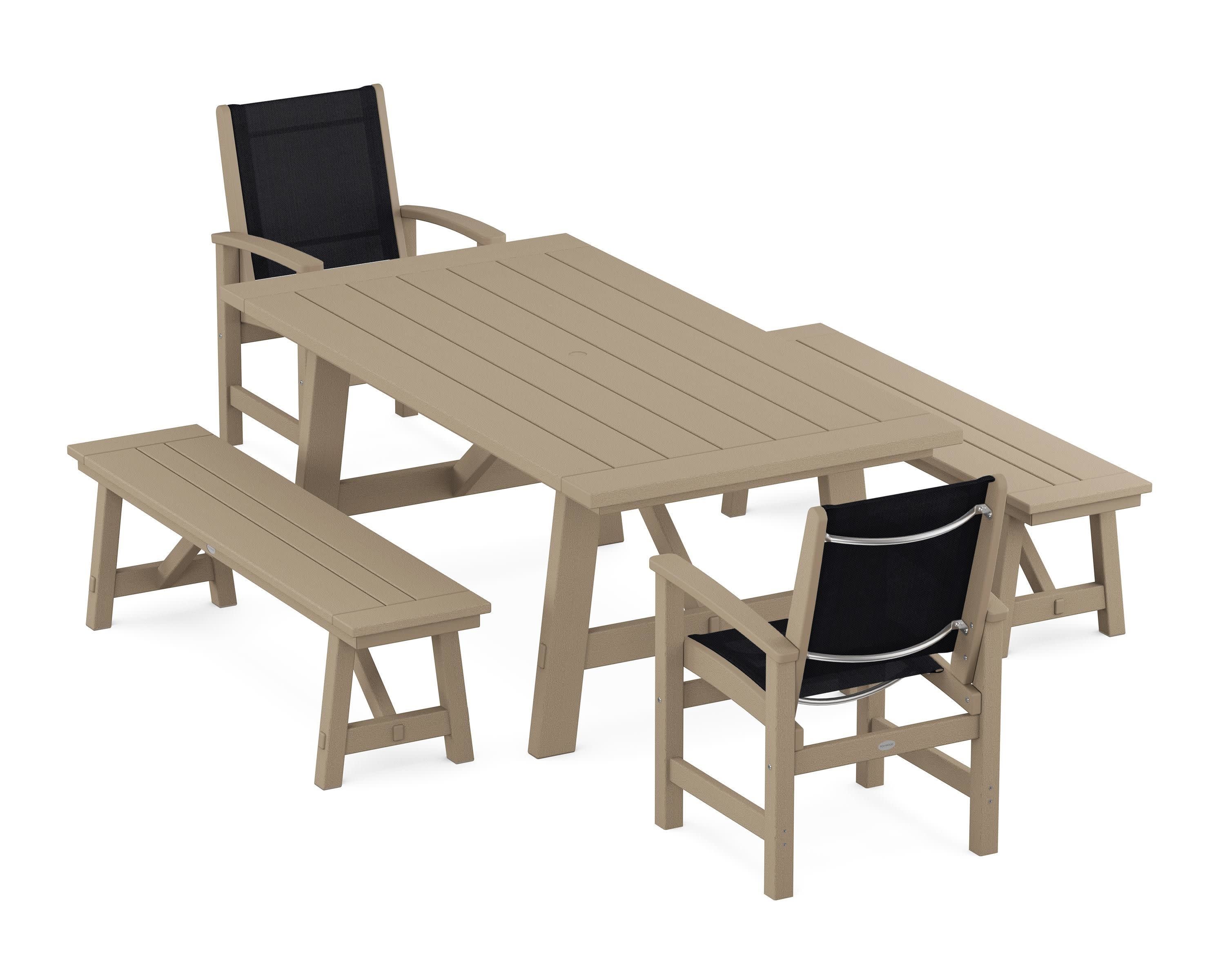 Coastal 5-Piece Rustic Farmhouse Dining Set With Benches in Vintage Sahara / Black Sling