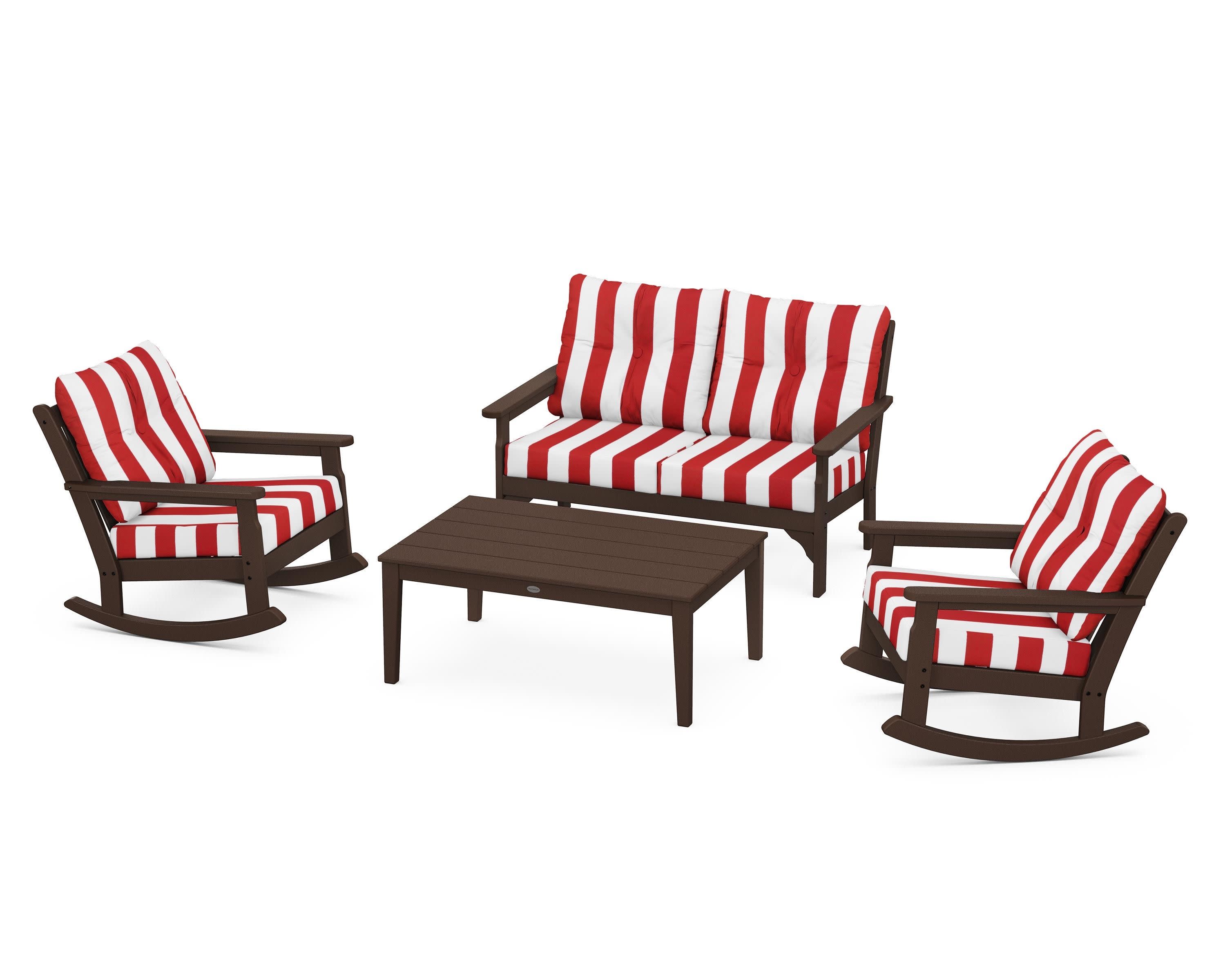 Vineyard 4-Piece Deep Seating Rocking Chair Set in Mahogany / Cabana Stripe Crimson