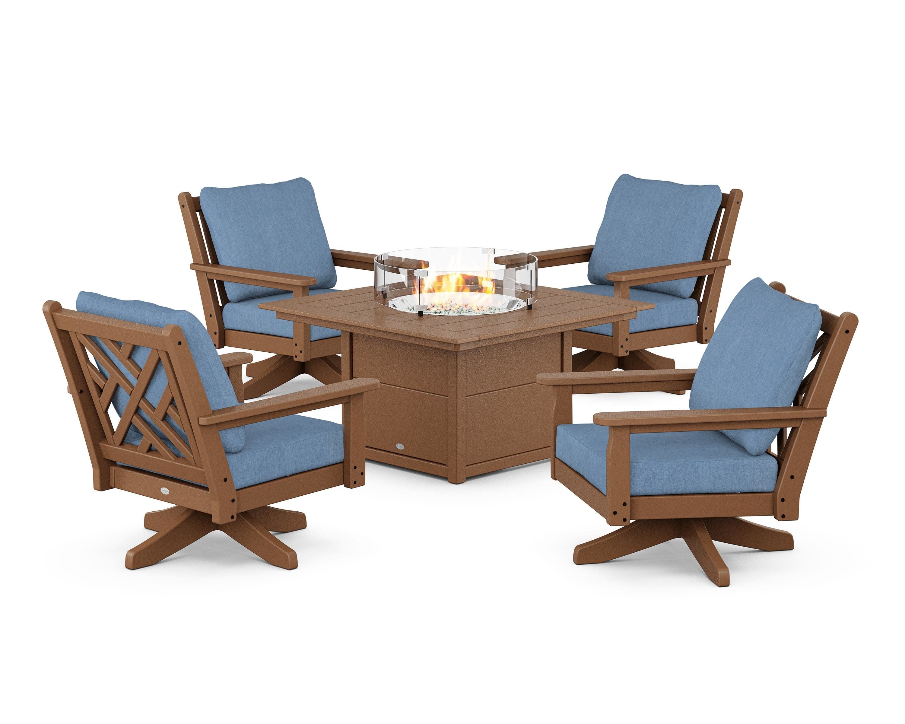 Chippendale 5-Piece Deep Seating Swivel Conversation Set with Fire Pit Table in Teak / Sky Blue