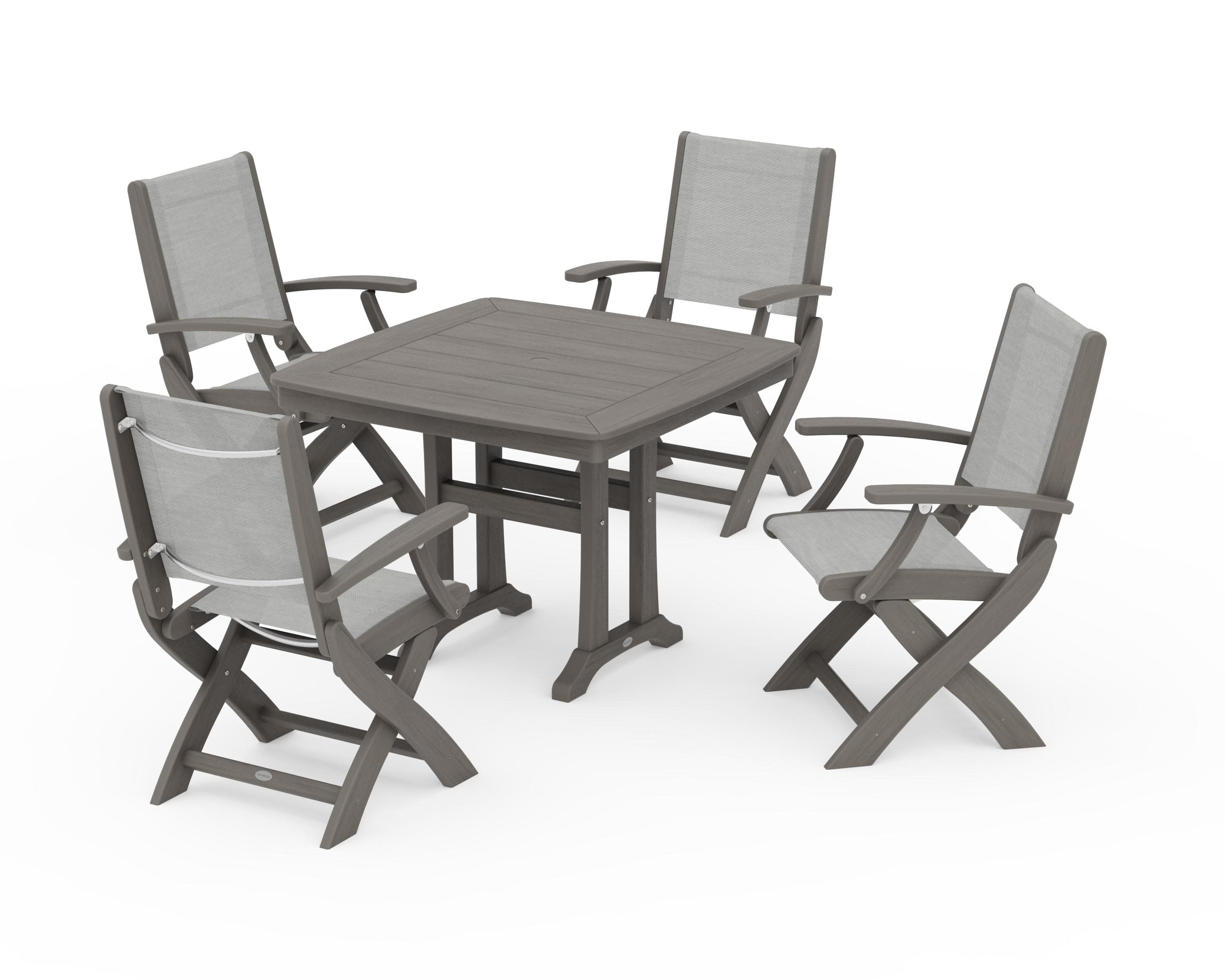 Coastal Folding Chair 5-Piece Dining Set with Trestle Legs in Driftwood / Metallic Sling