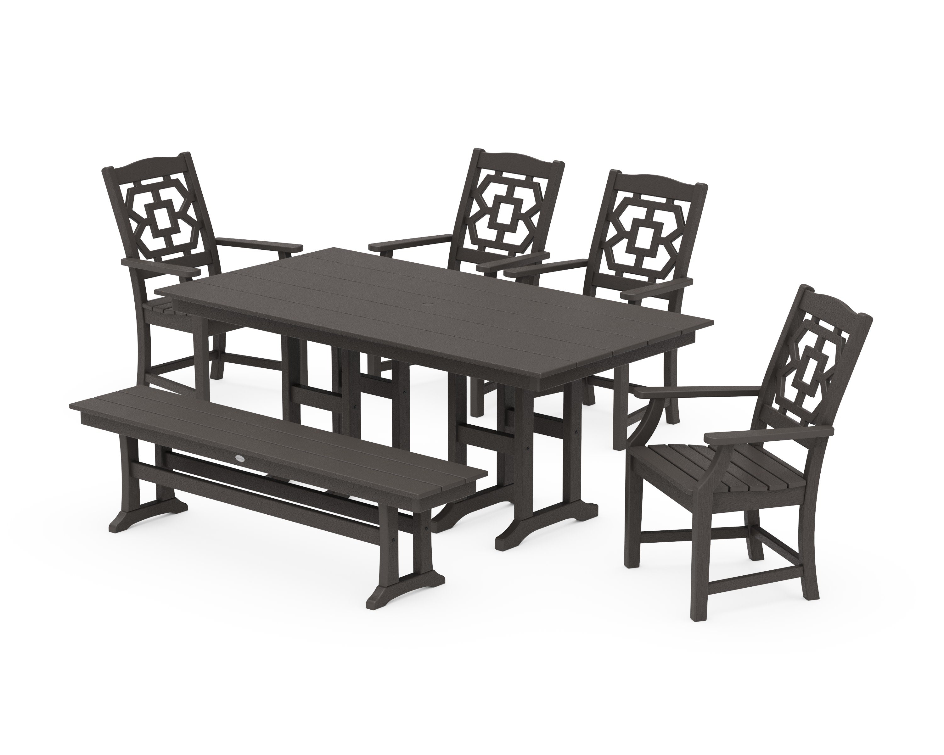Chinoiserie 6-Piece Farmhouse Dining Set with Bench in Vintage Coffee