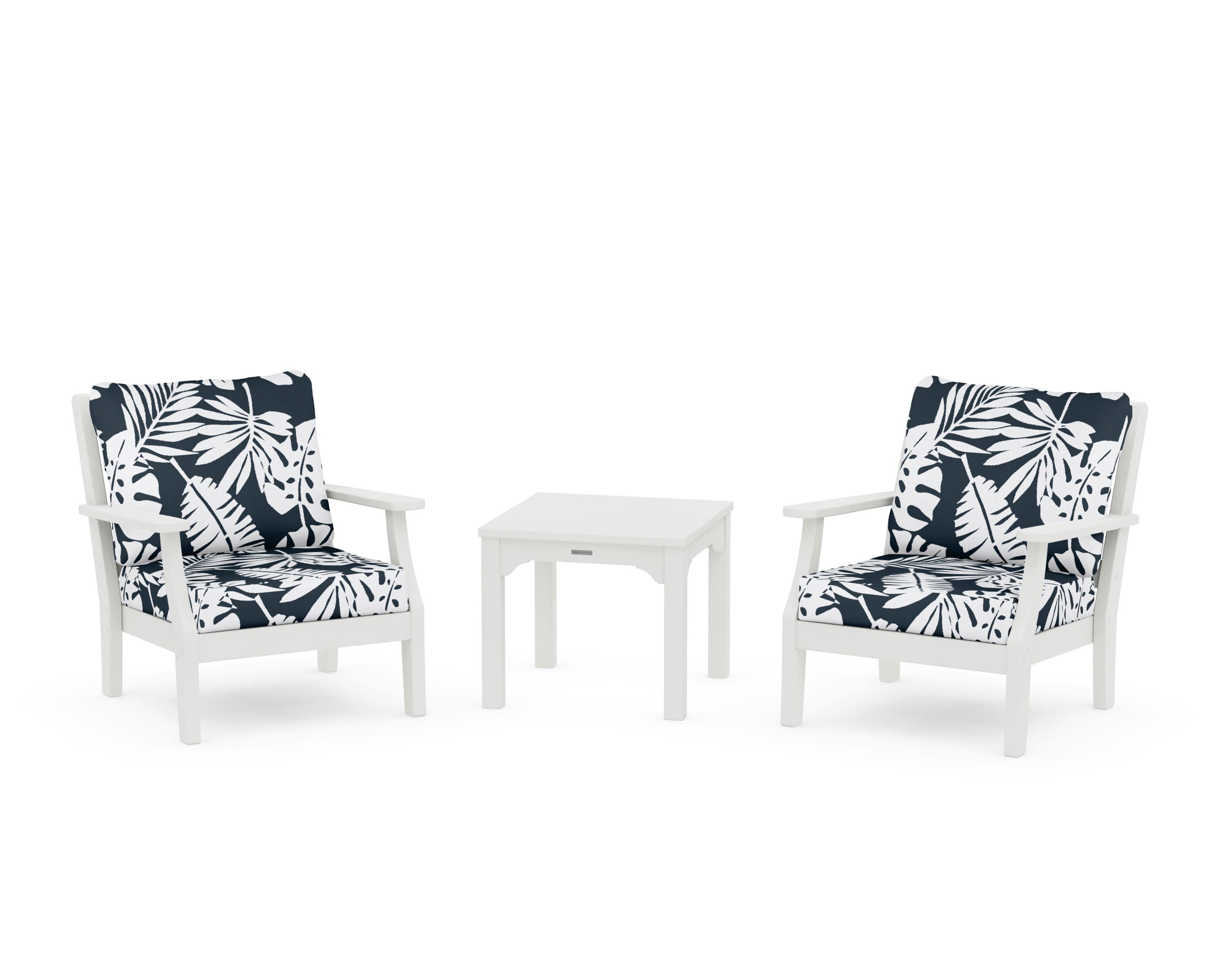 Chinoiserie 3-Piece Deep Seating Set in Vintage White / Leaf Marine Indigo