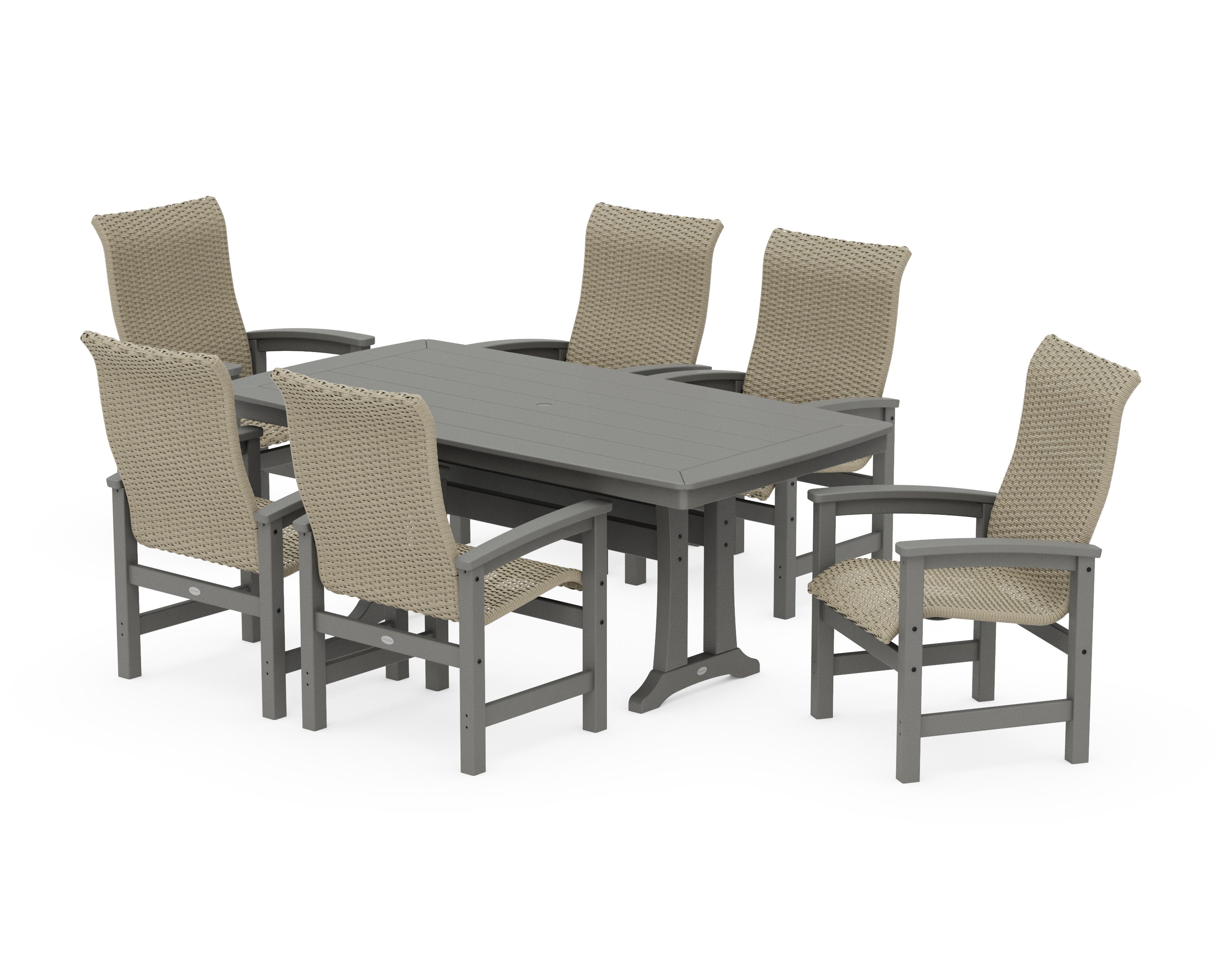 Coastal Woven High-Back Arm Chair 7-Piece Dining Set with Trestle Legs