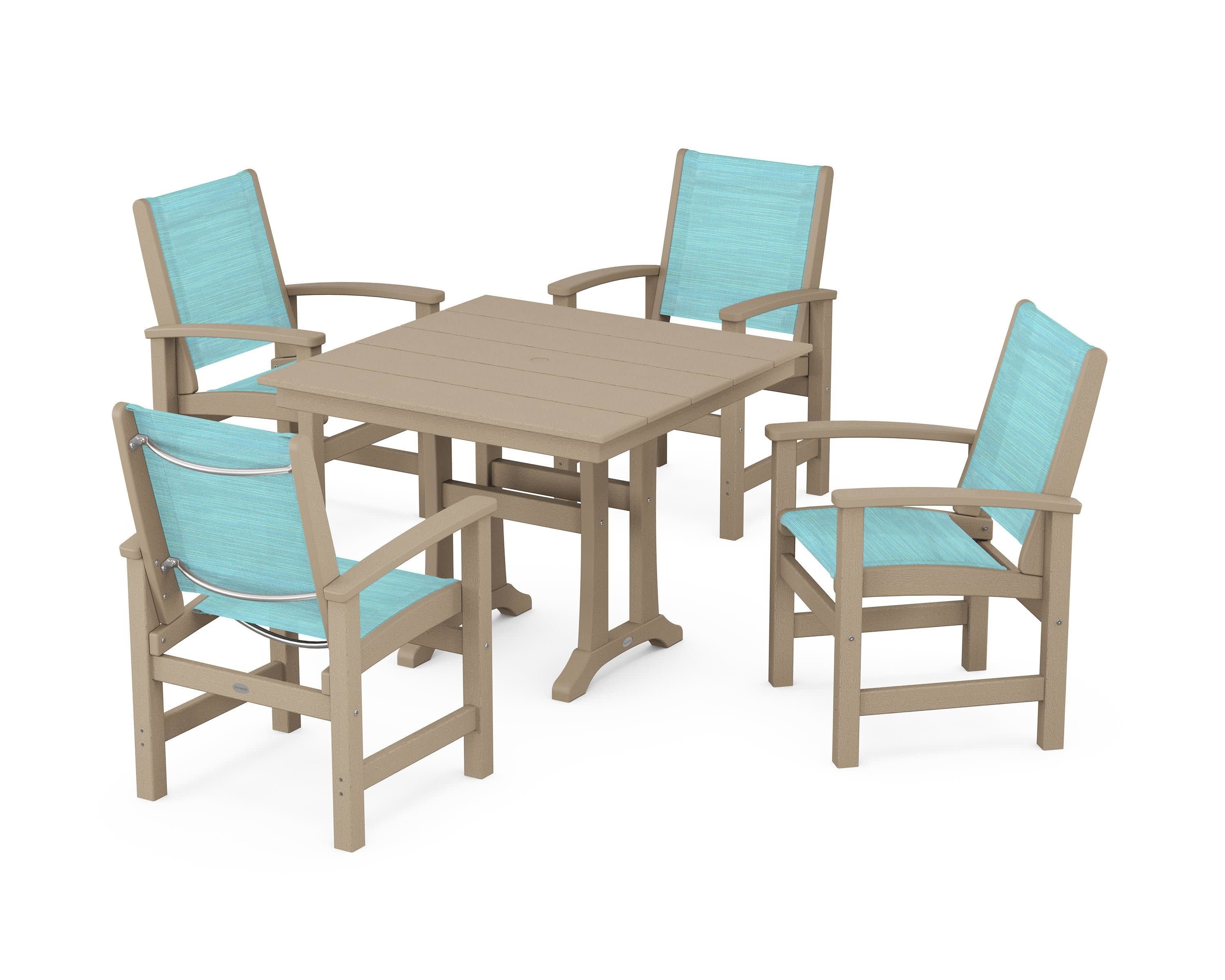 Coastal 5-Piece Farmhouse Dining Set With Trestle Legs in Vintage Sahara / Dupioni Aquamarine Sling