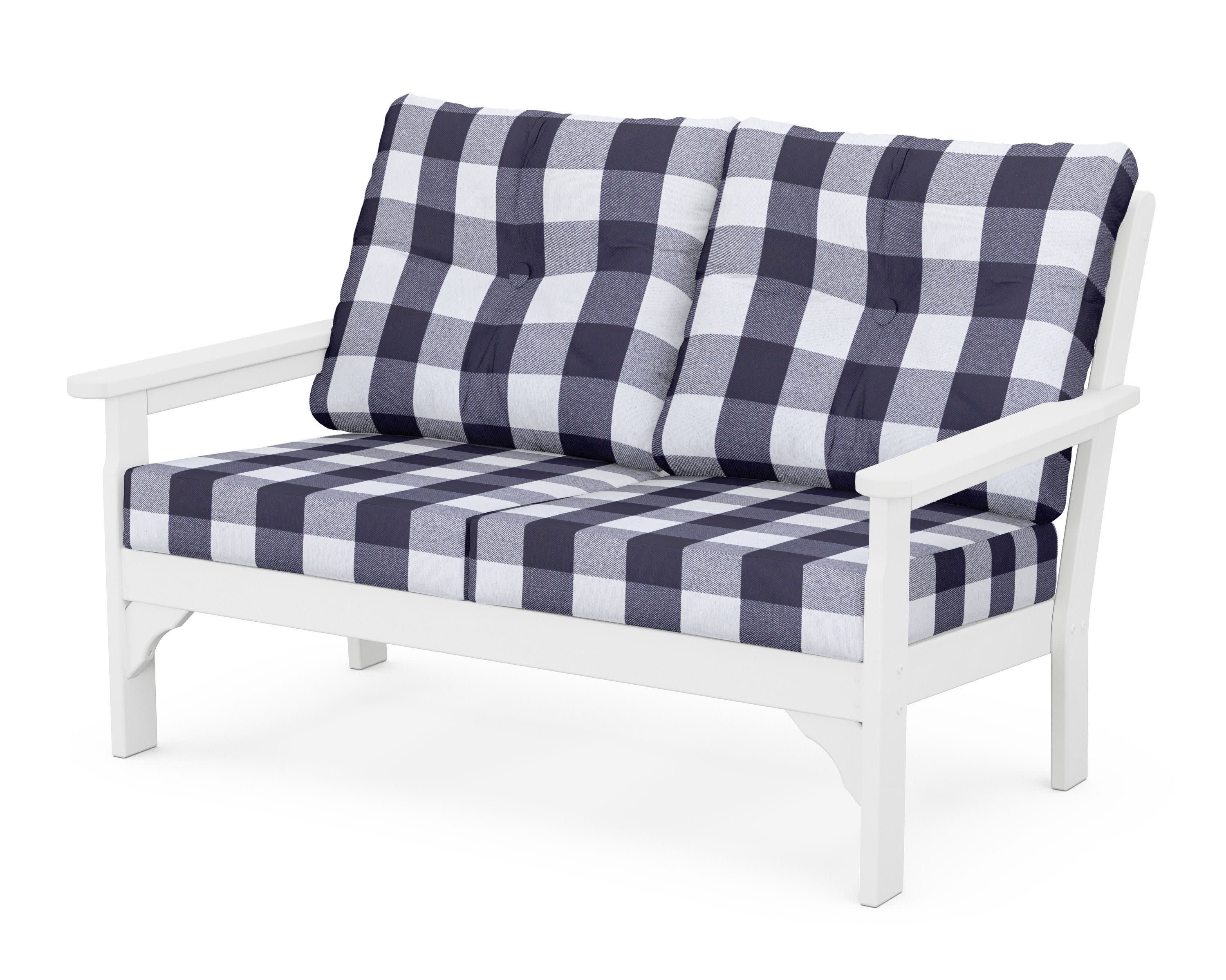 Vineyard Deep Seating Loveseat in White / Buffalo Plaid Navy