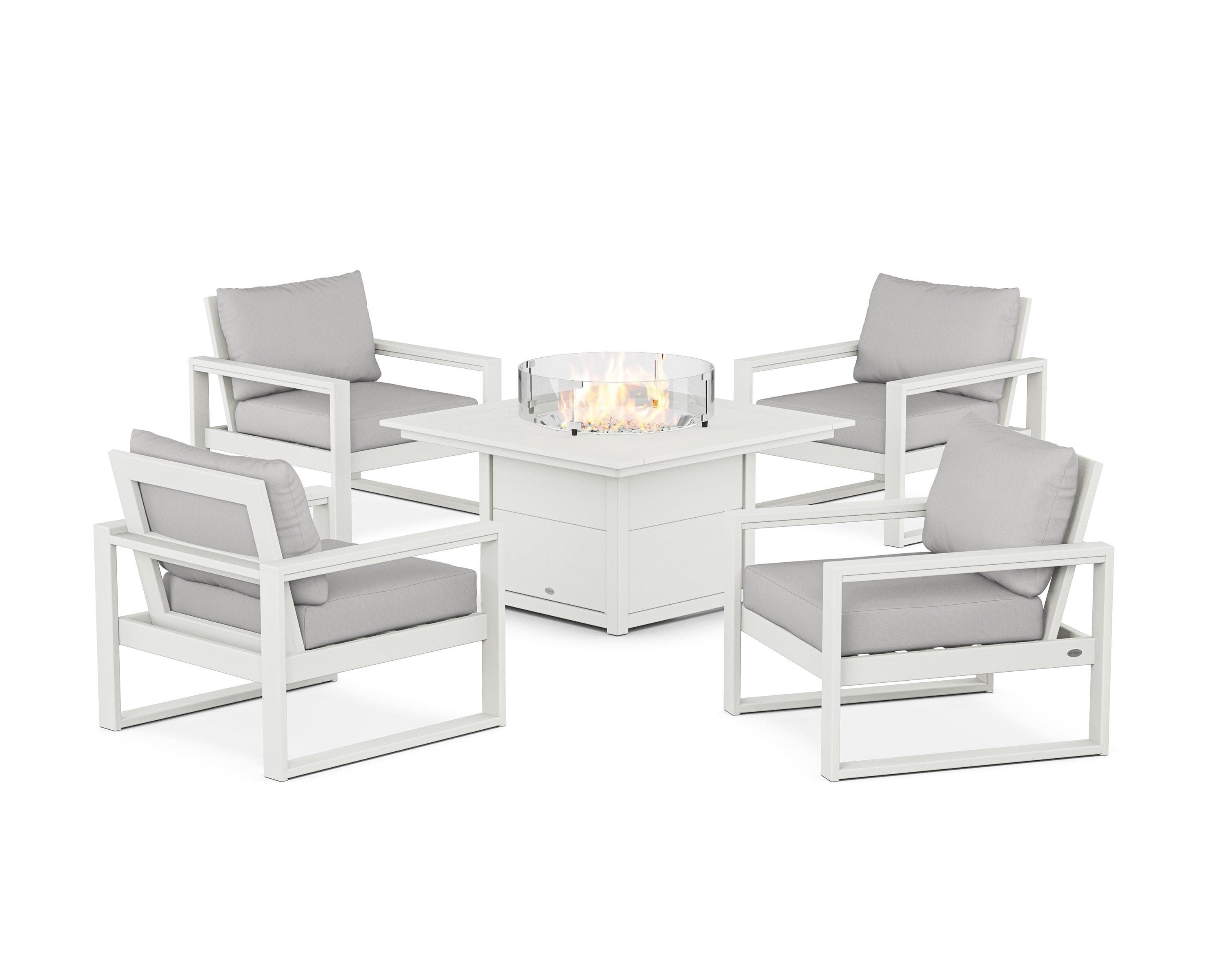 EDGE Sectional 5-Piece Deep Seating Set with Fire Pit Table in Vintage White / Diamond in the Rough