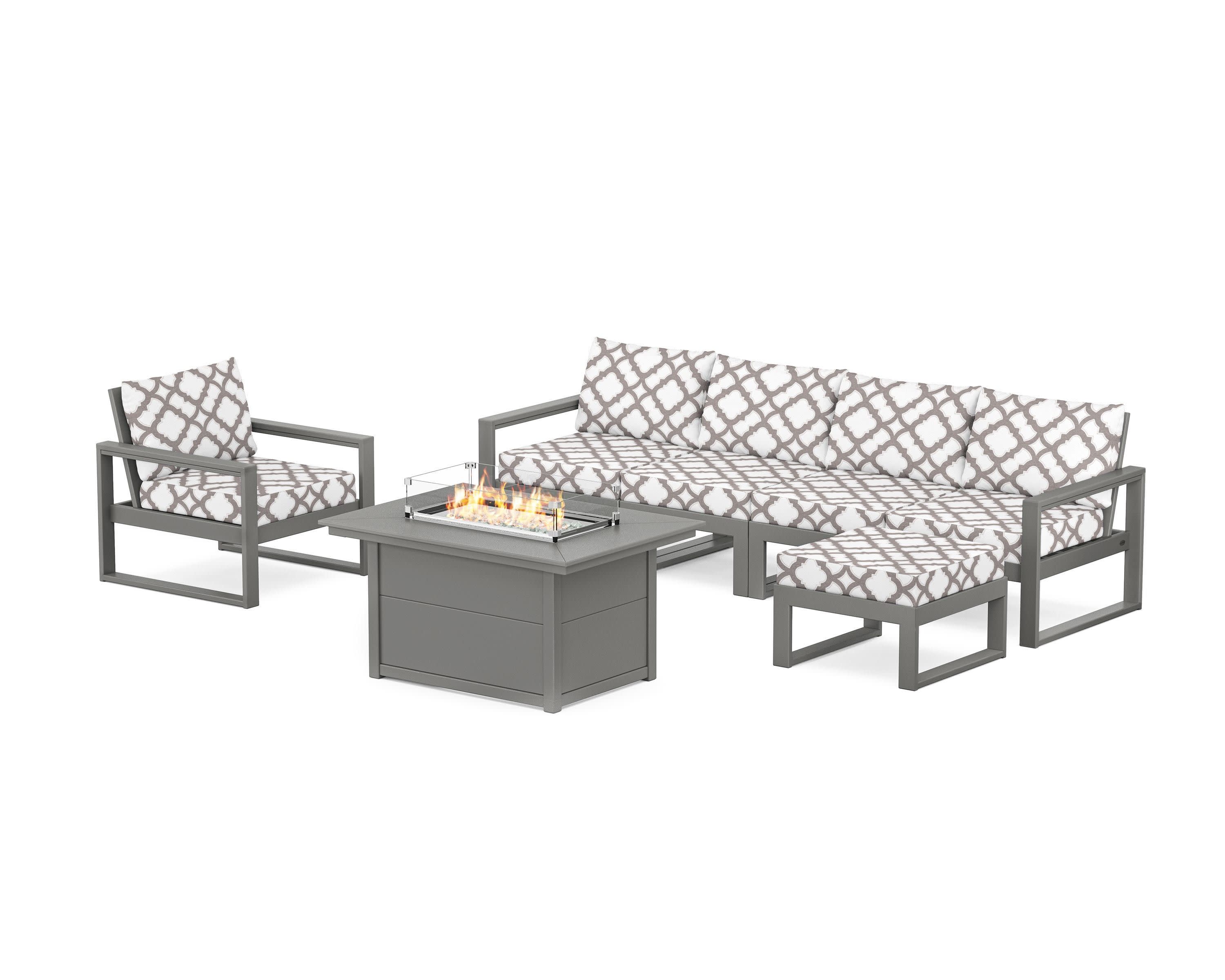 EDGE Sectional Lounge and Fire Pit Set in Slate Grey / Trellis Grey Mist