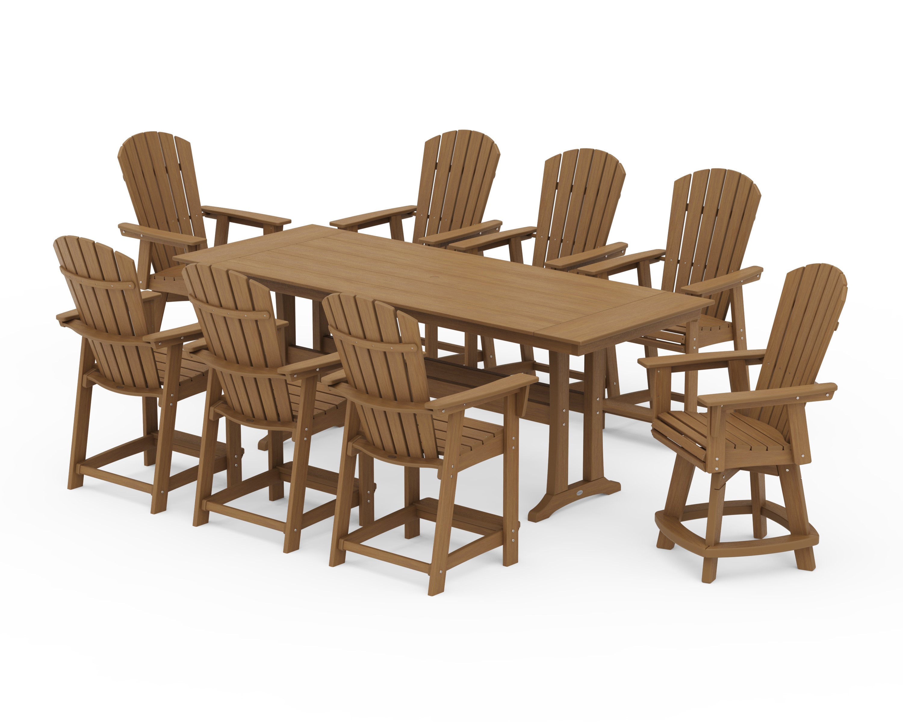Nautical Curveback Adirondack Swivel Chair 9-Piece Farmhouse Counter Set with Trestle Legs in Natural