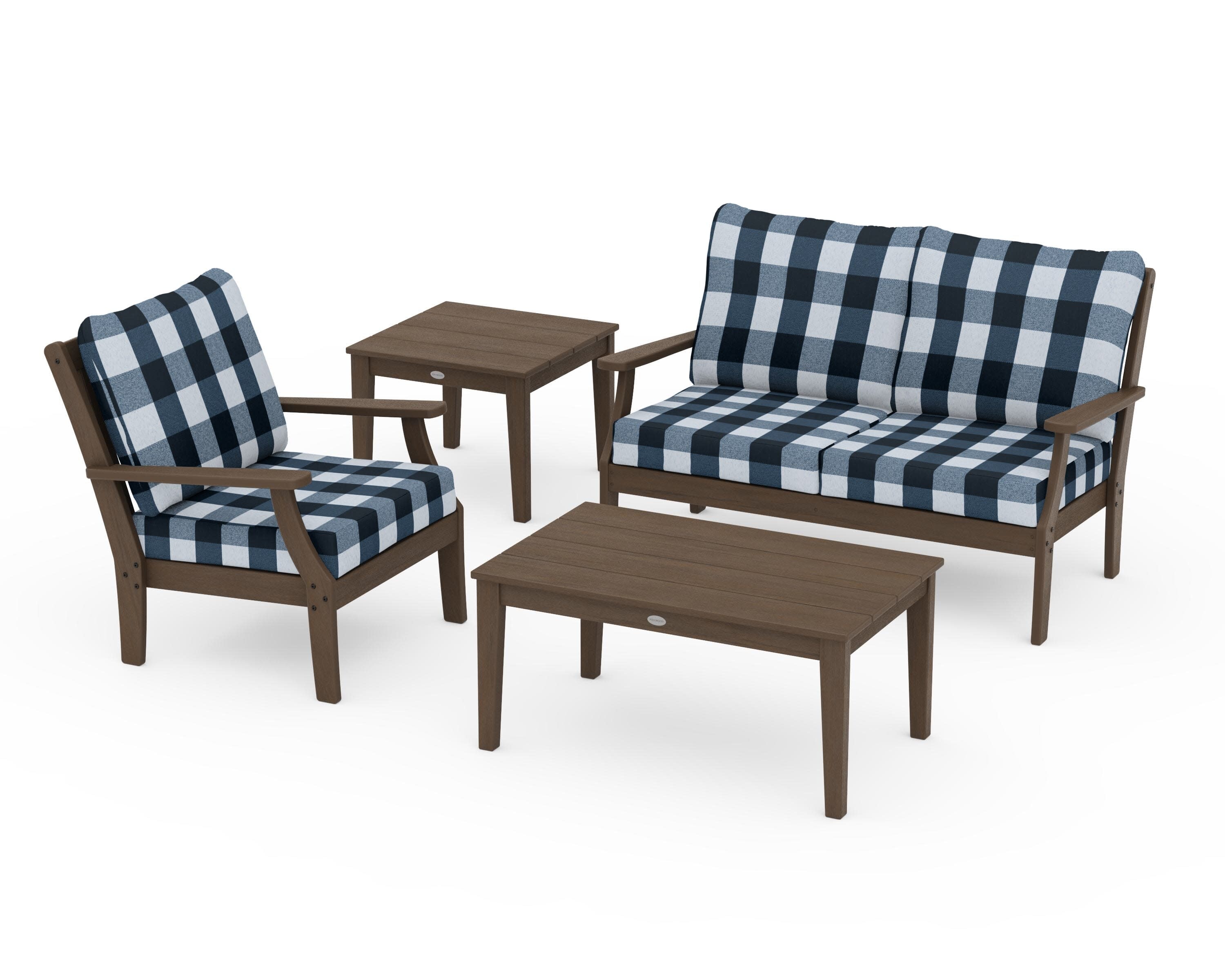 Braxton 4-Piece Deep Seating Set in Kona / Buffalo Plaid Marine Indigo