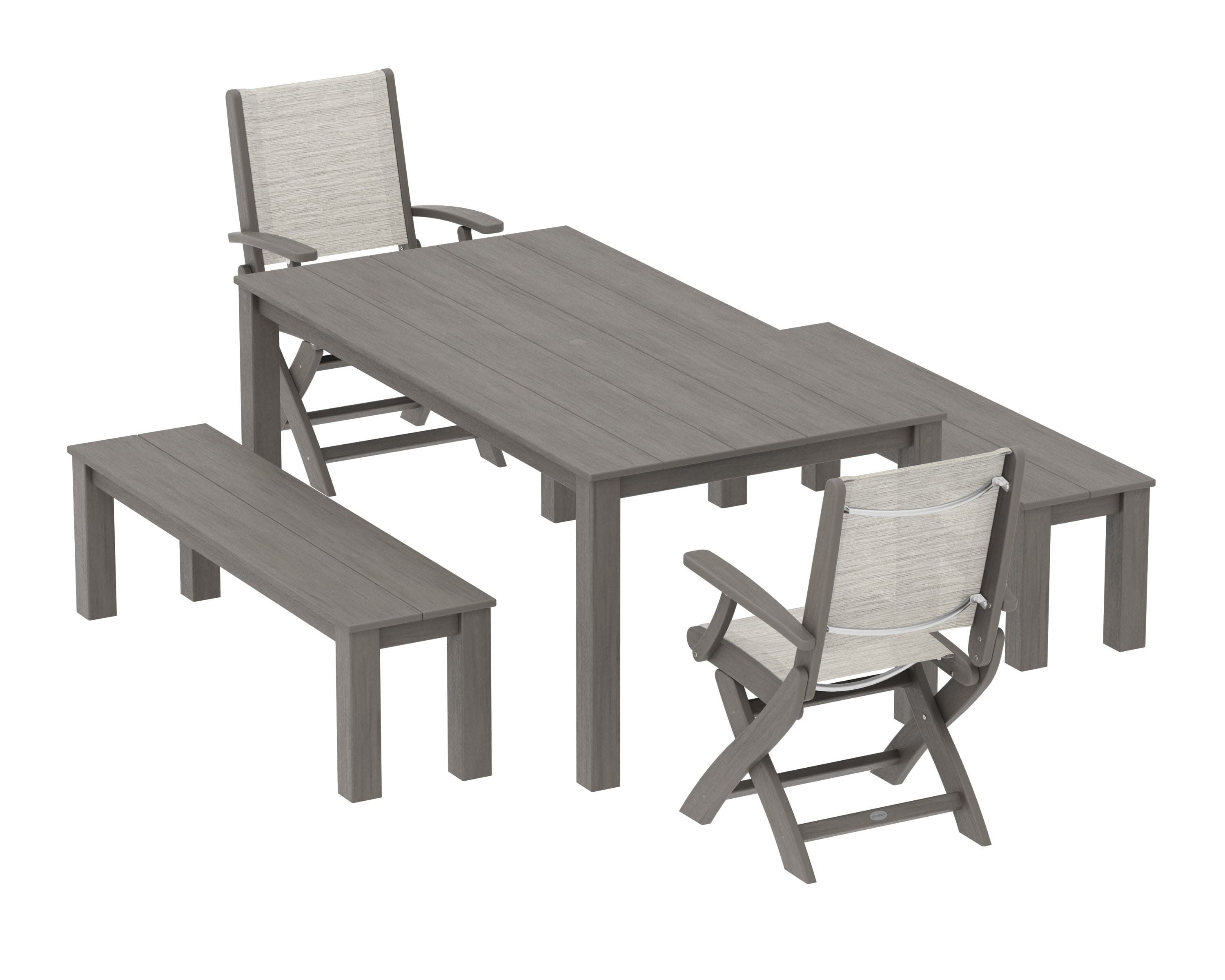 Coastal Folding Chair 5-Piece Parsons Dining Set with Benches in Driftwood / Birch Sling