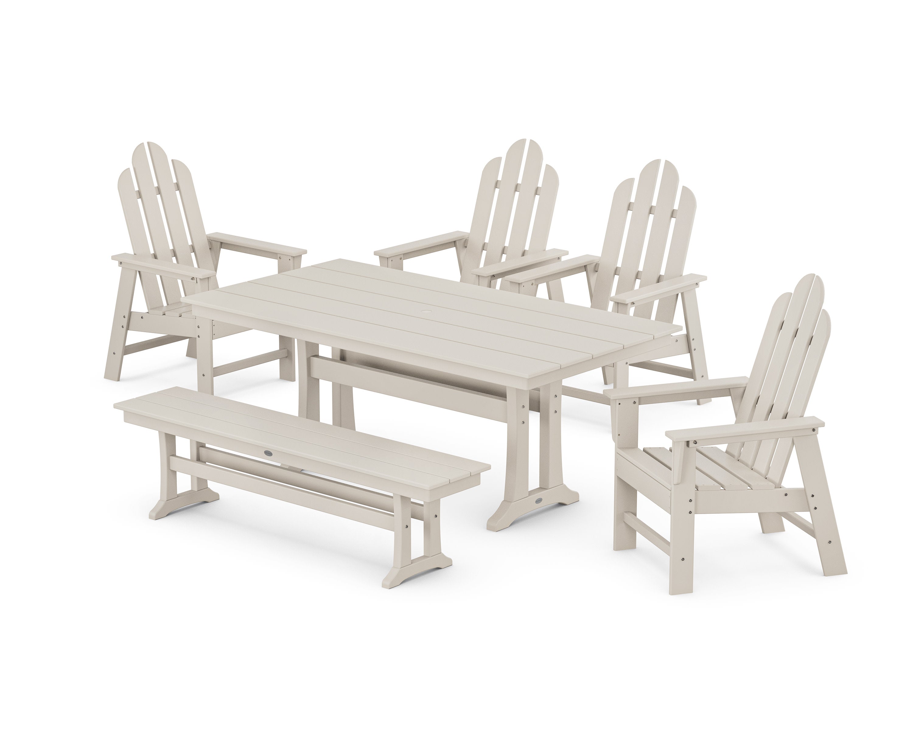 Long Island 6-Piece Farmhouse Dining Set with Trestle Legs and Bench in Sand