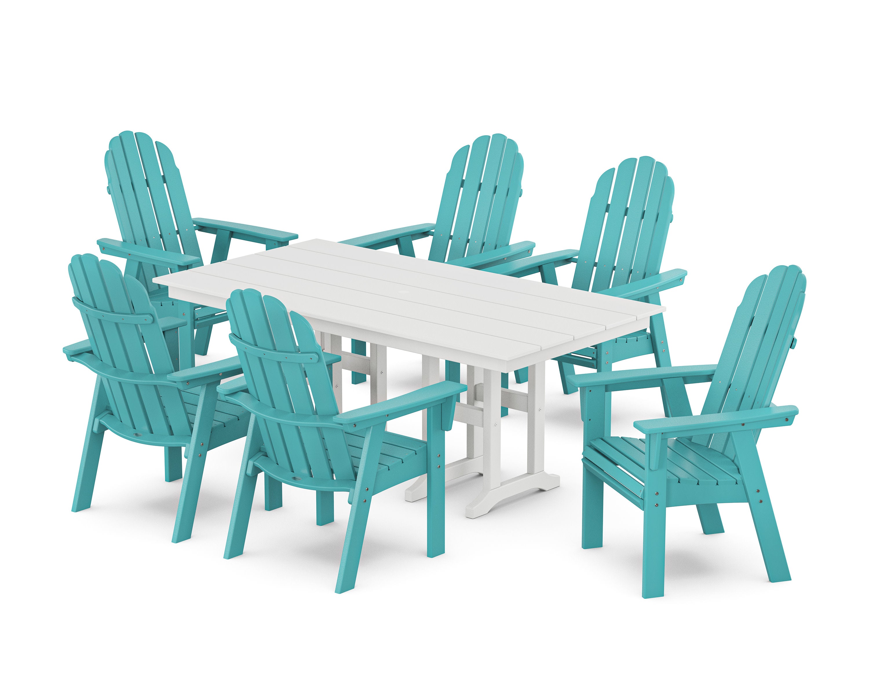 Vineyard Curveback Adirondack Chair 7-Piece Farmhouse Dining Set in Aruba / White