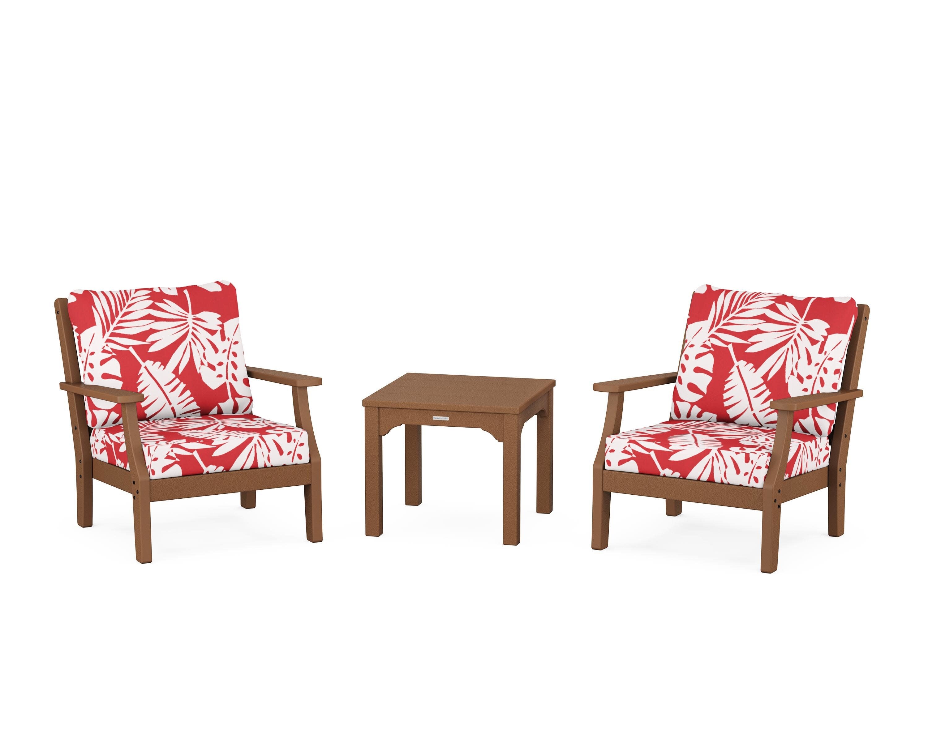 Chinoiserie 3-Piece Deep Seating Set in Teak / Leaf Crimson