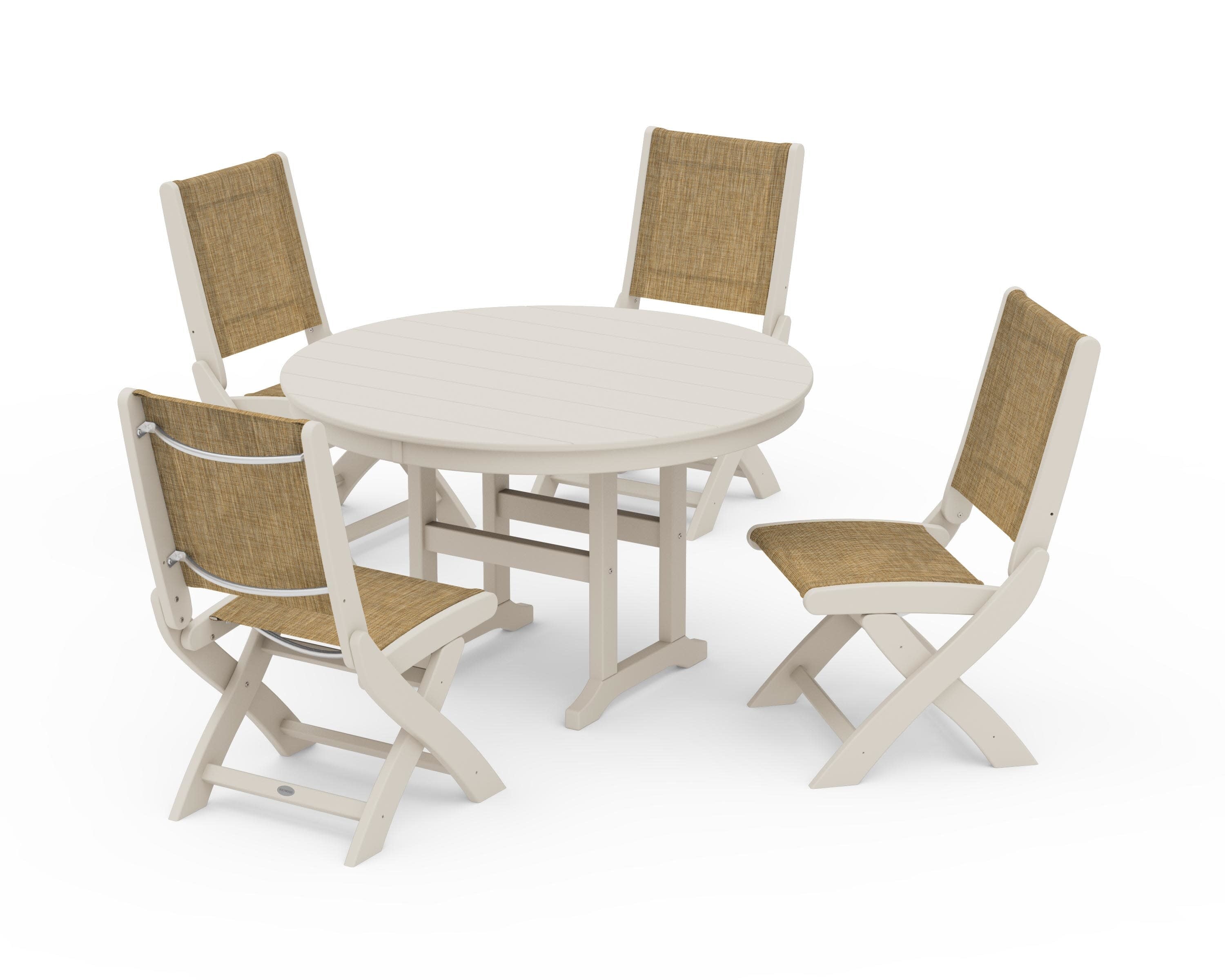 Coastal Folding Side Chair 5-Piece Round Dining Set in Sand / Burlap Sling