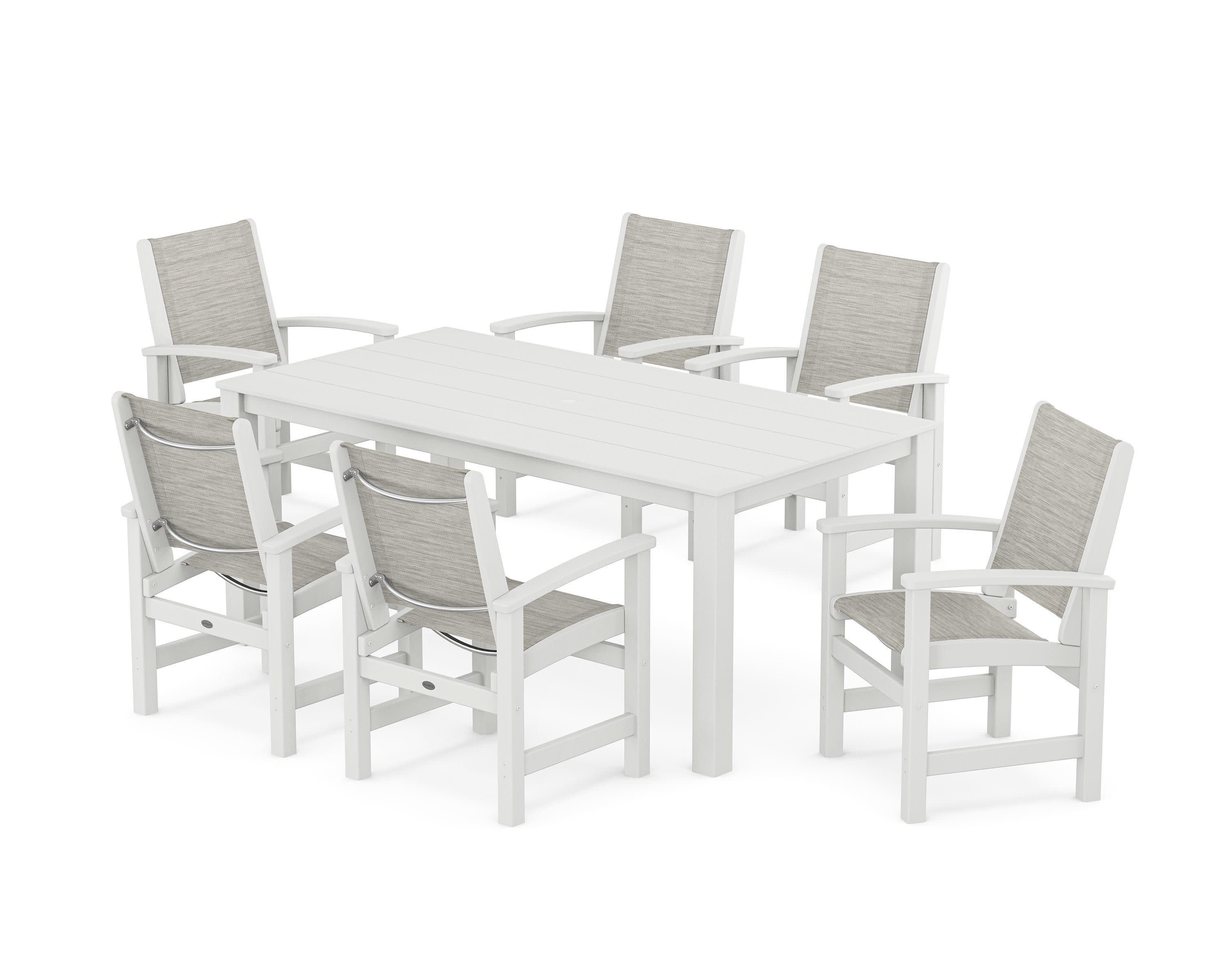 Coastal 7-Piece Parsons Dining Set in White / Birch Sling