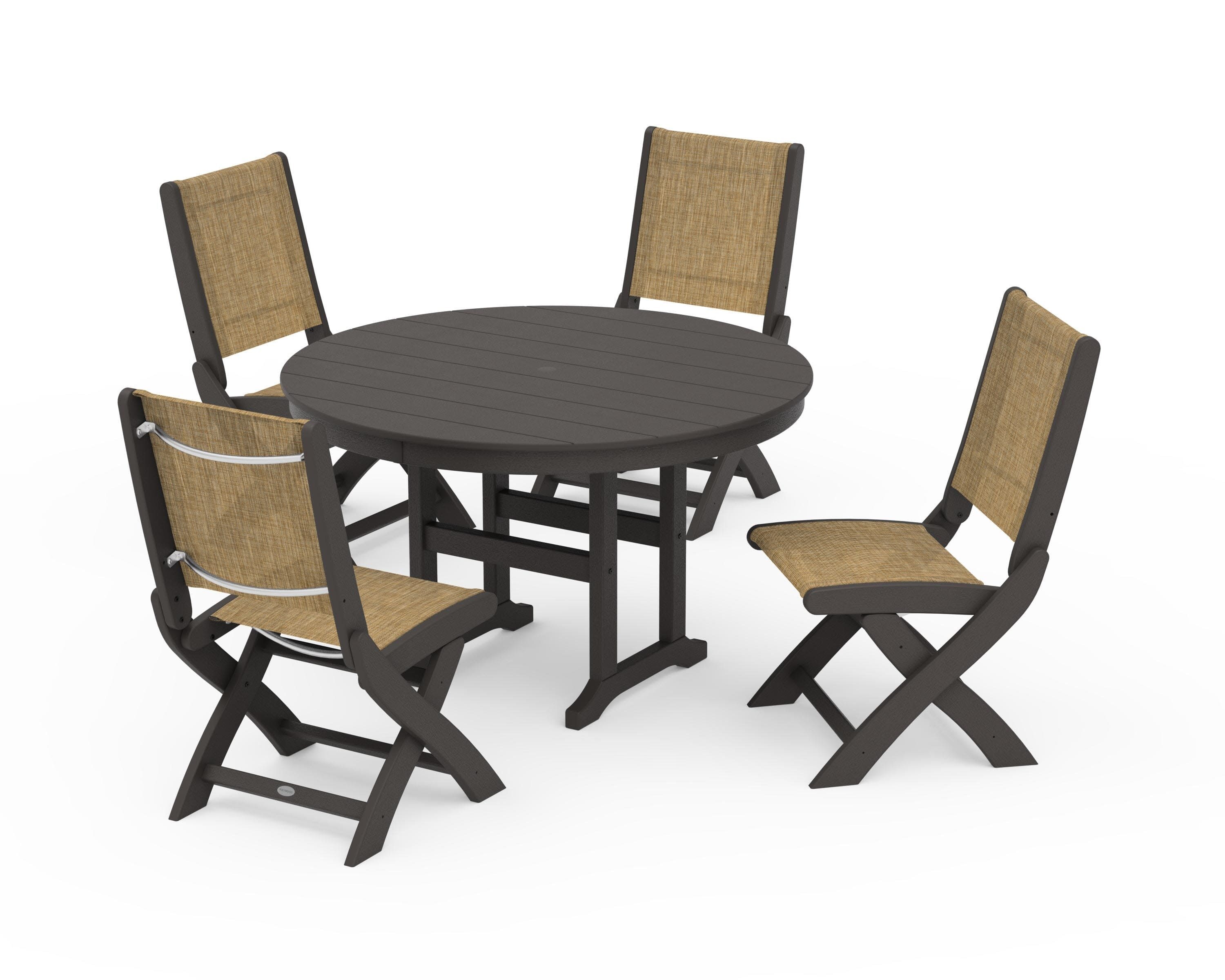 Coastal Folding Side Chair 5-Piece Round Dining Set in Vintage Coffee / Burlap Sling