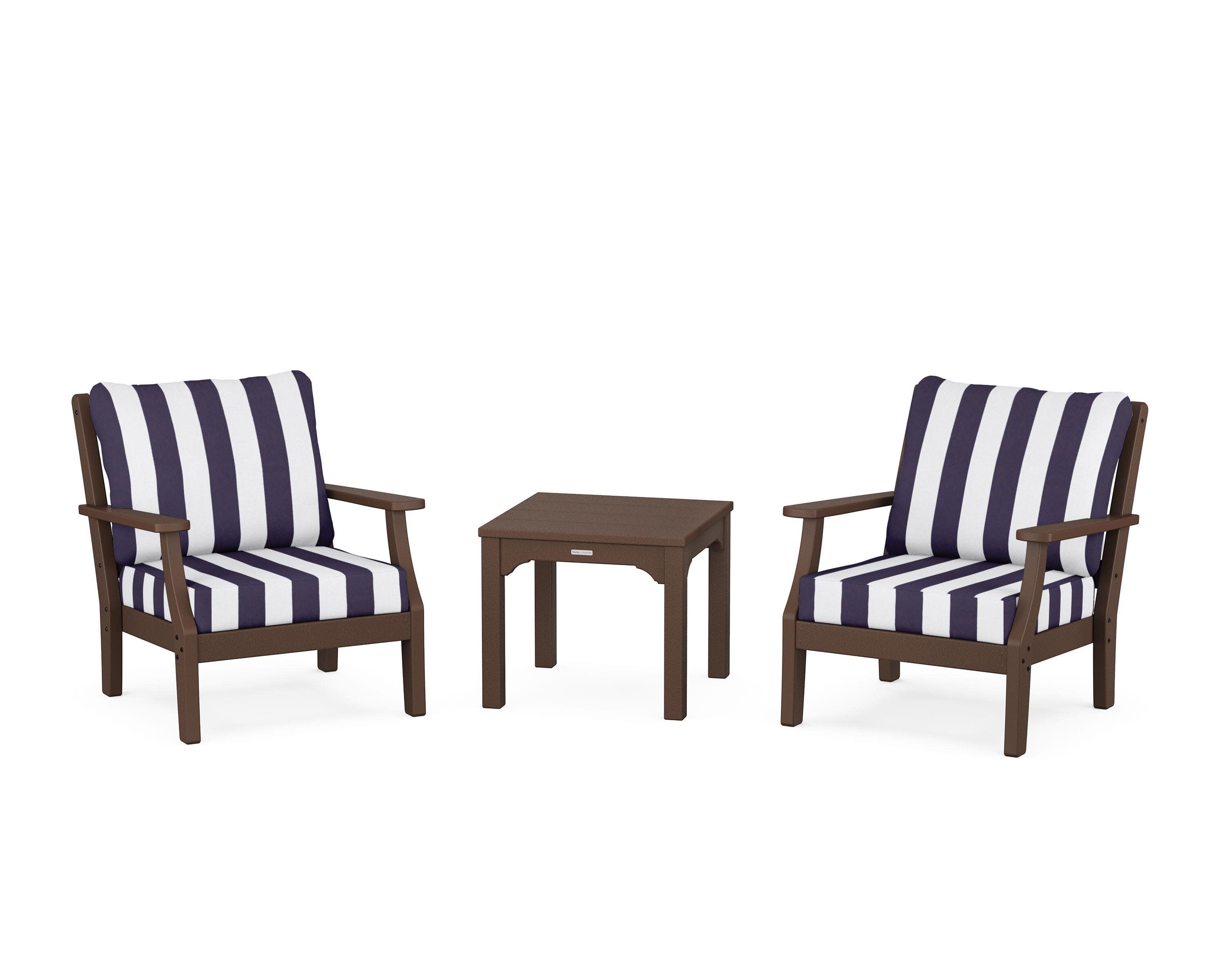 Chinoiserie 3-Piece Deep Seating Set in Mahogany / Cabana Stripe Navy
