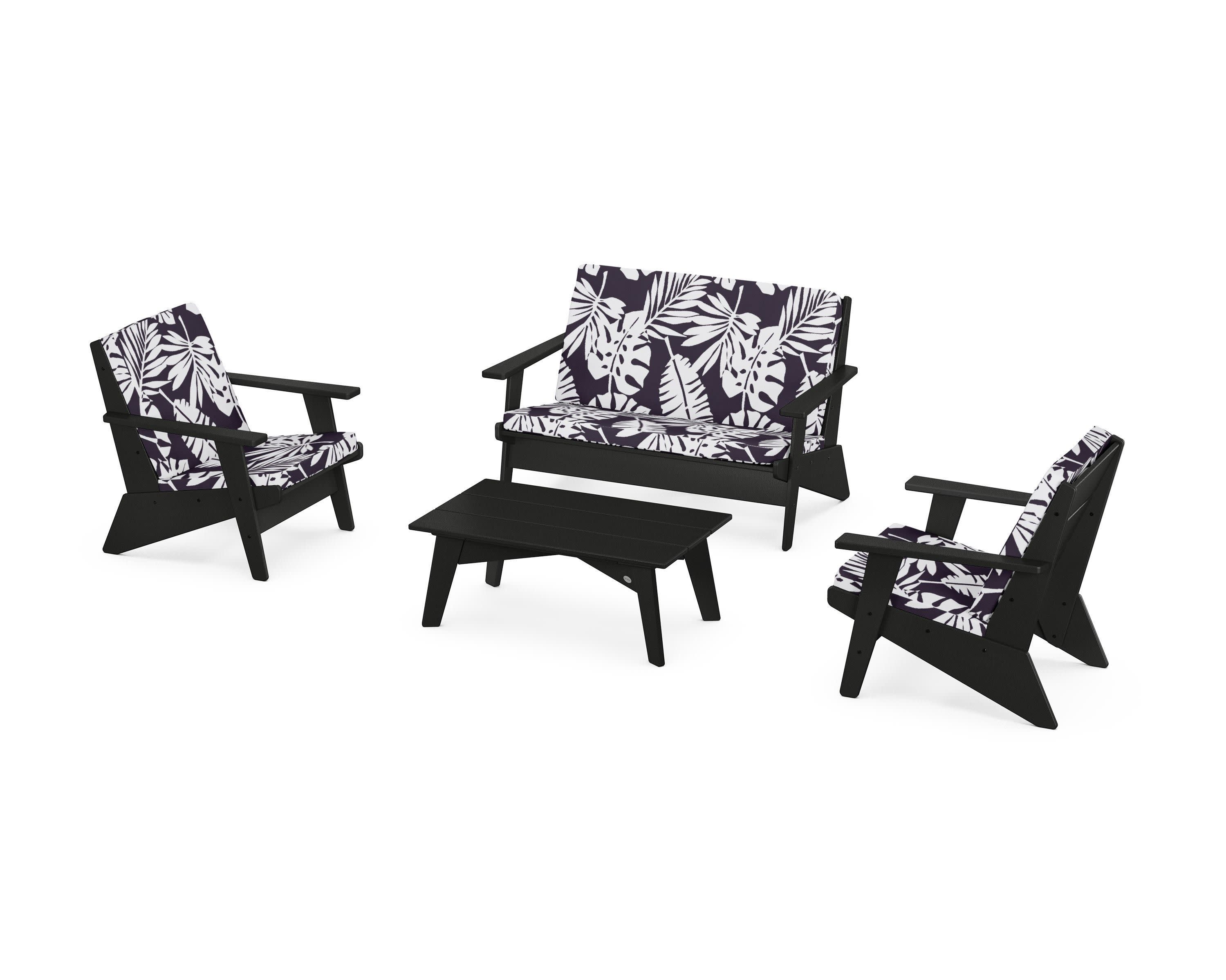 Riviera Modern Lounge 4-Piece Set in Black / Leaf Navy