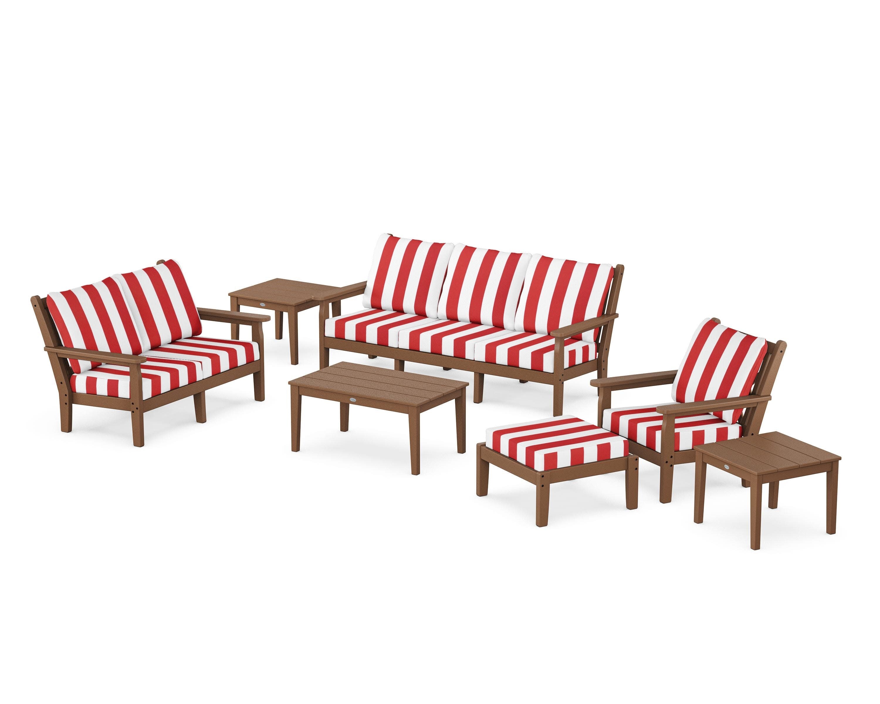Chippendale 7-Piece Deep Seating Set in Teak / Cabana Stripe Crimson