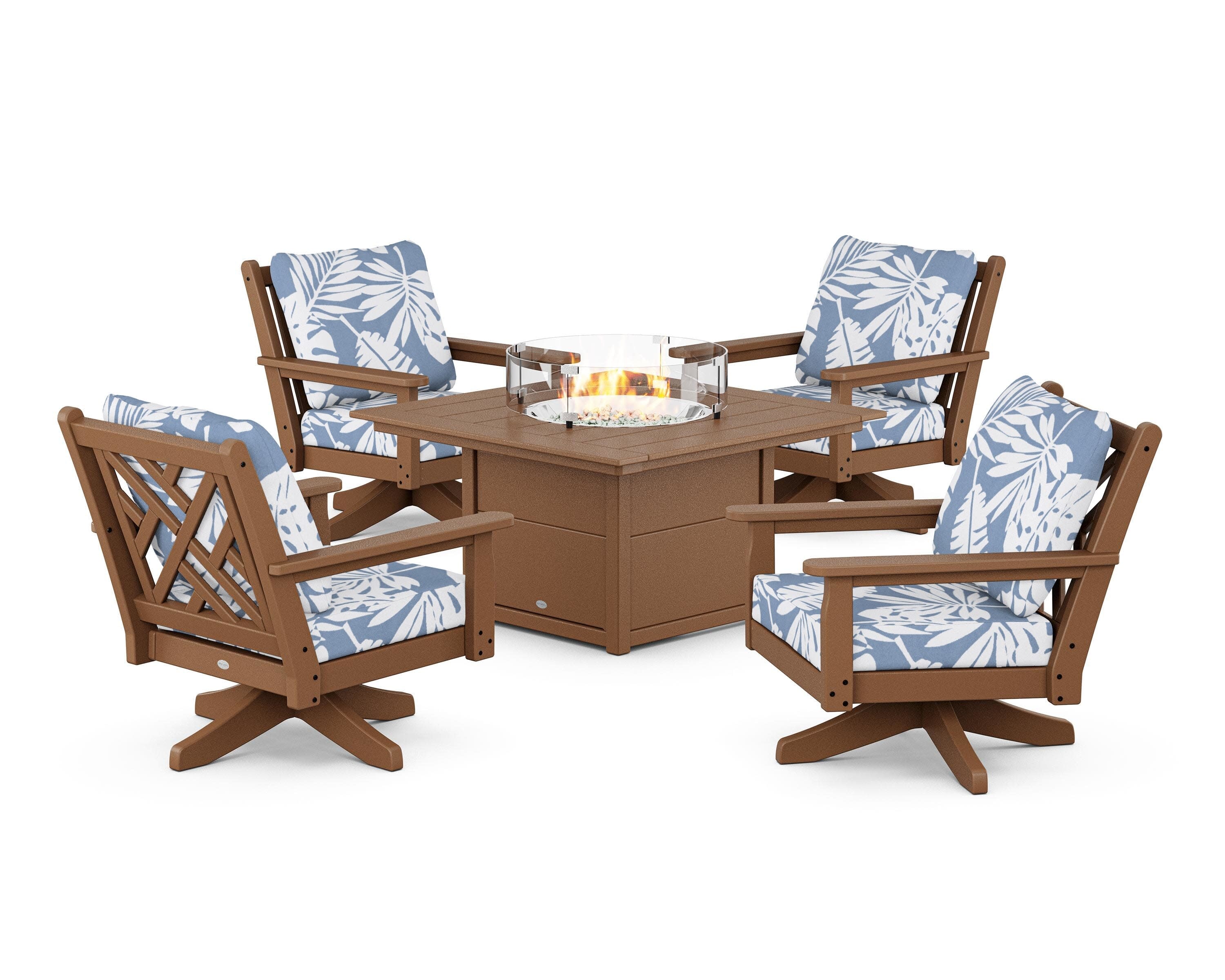 Chippendale 5-Piece Deep Seating Swivel Conversation Set with Fire Pit Table in Teak / Leaf Sky Blue