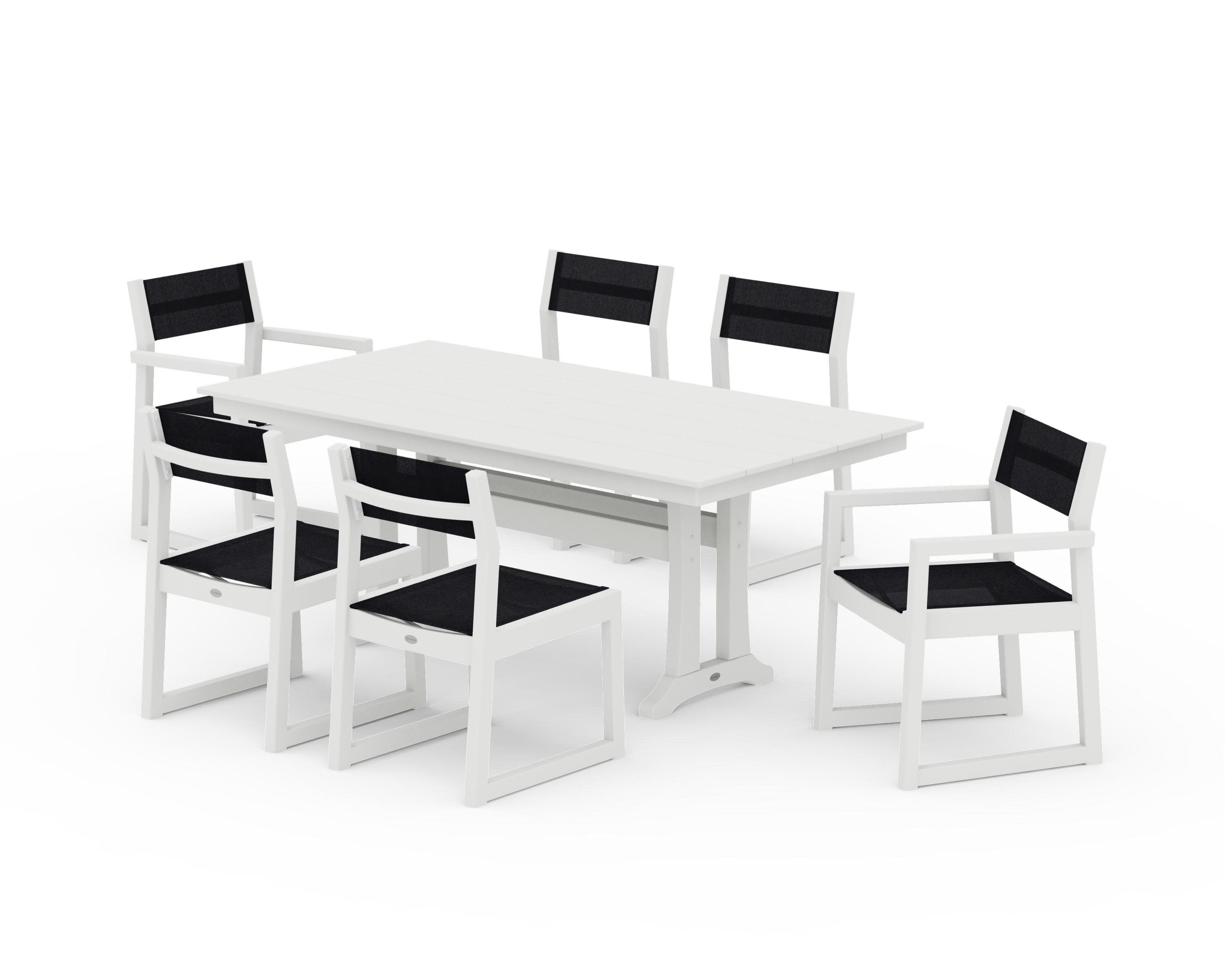 EDGE Sling 7-Piece Farmhouse Trestle Dining Set in Vintage White / Black Sling