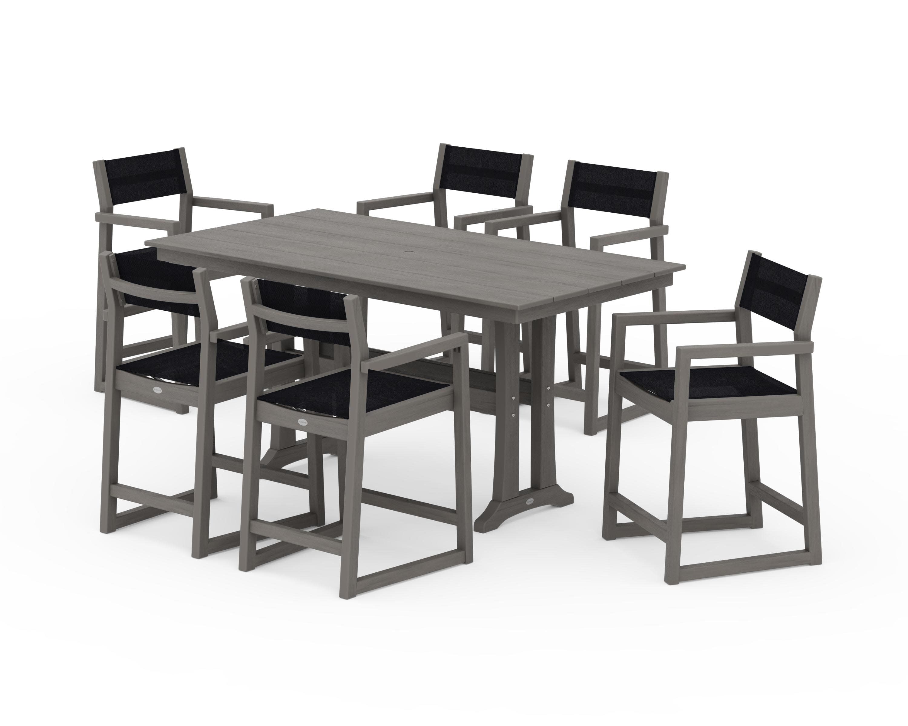 EDGE Sling Arm Chair 7-Piece Farmhouse Counter Set with Trestle Legs in Driftwood / Black Sling