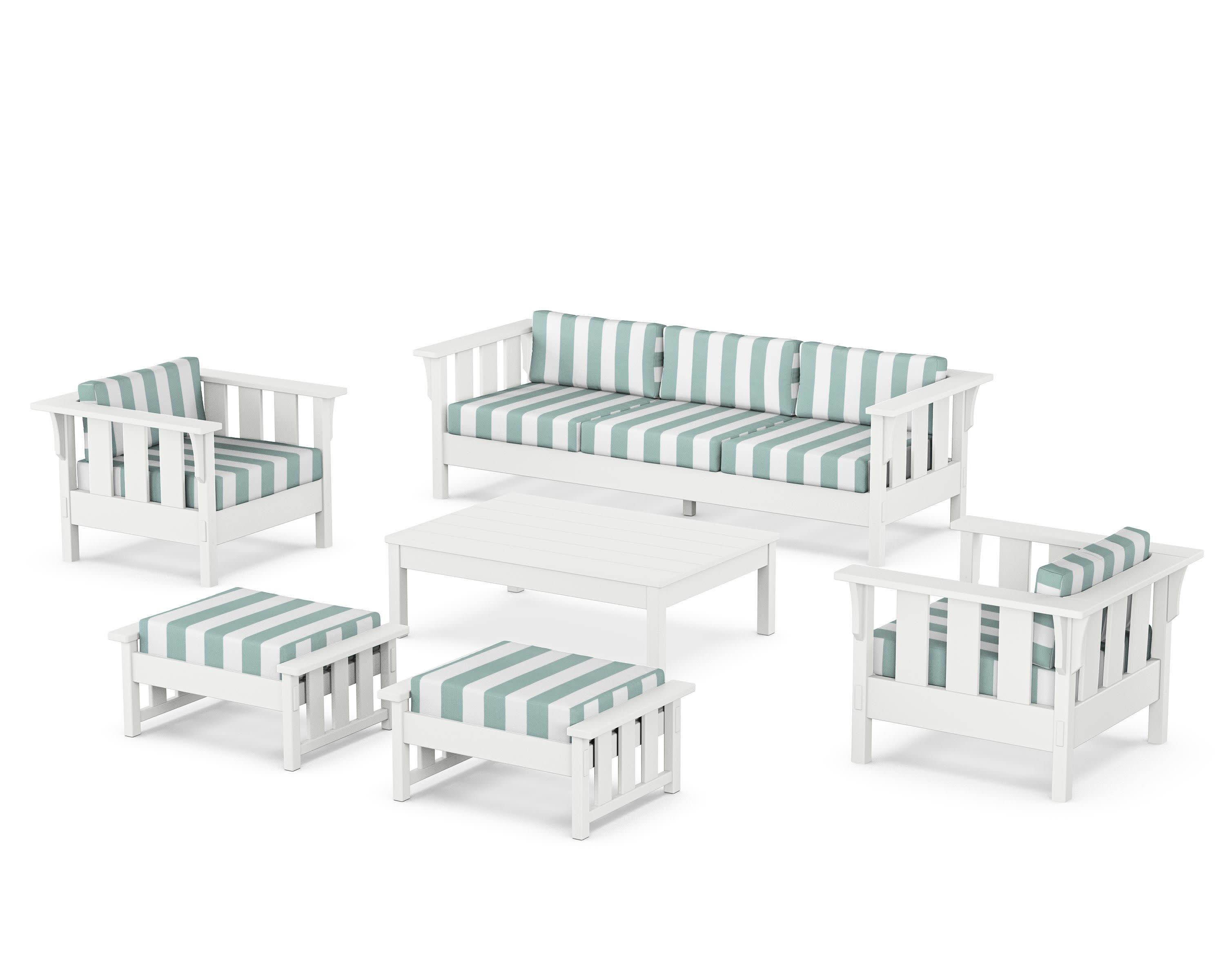 Acadia 6-Piece Lounge Sofa Set in White / Cabana Stripe Glacier Spa