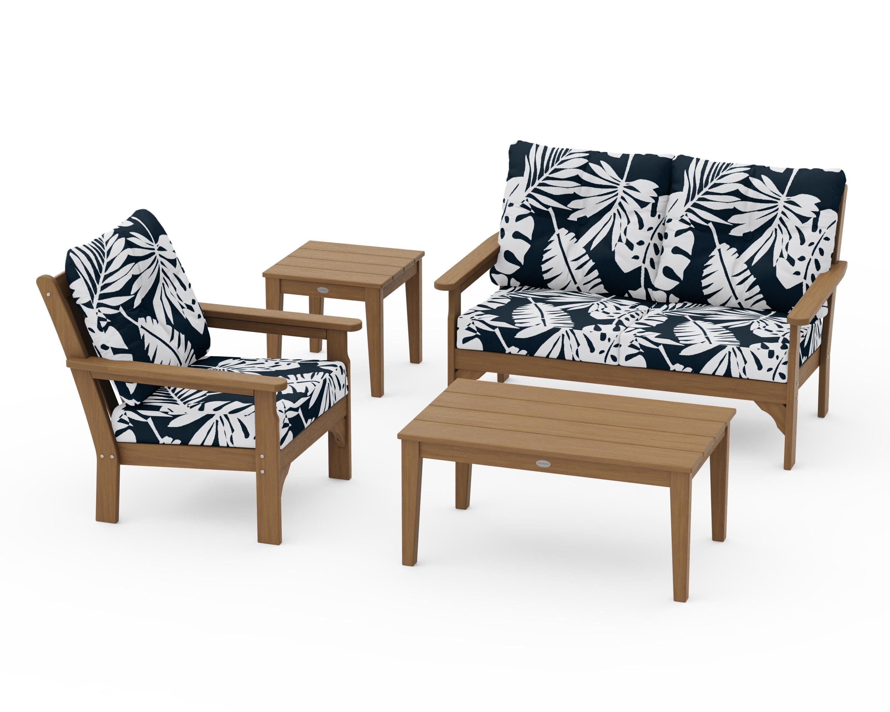 Vineyard 4-Piece Deep Seating Set in Natural / Leaf Marine Indigo