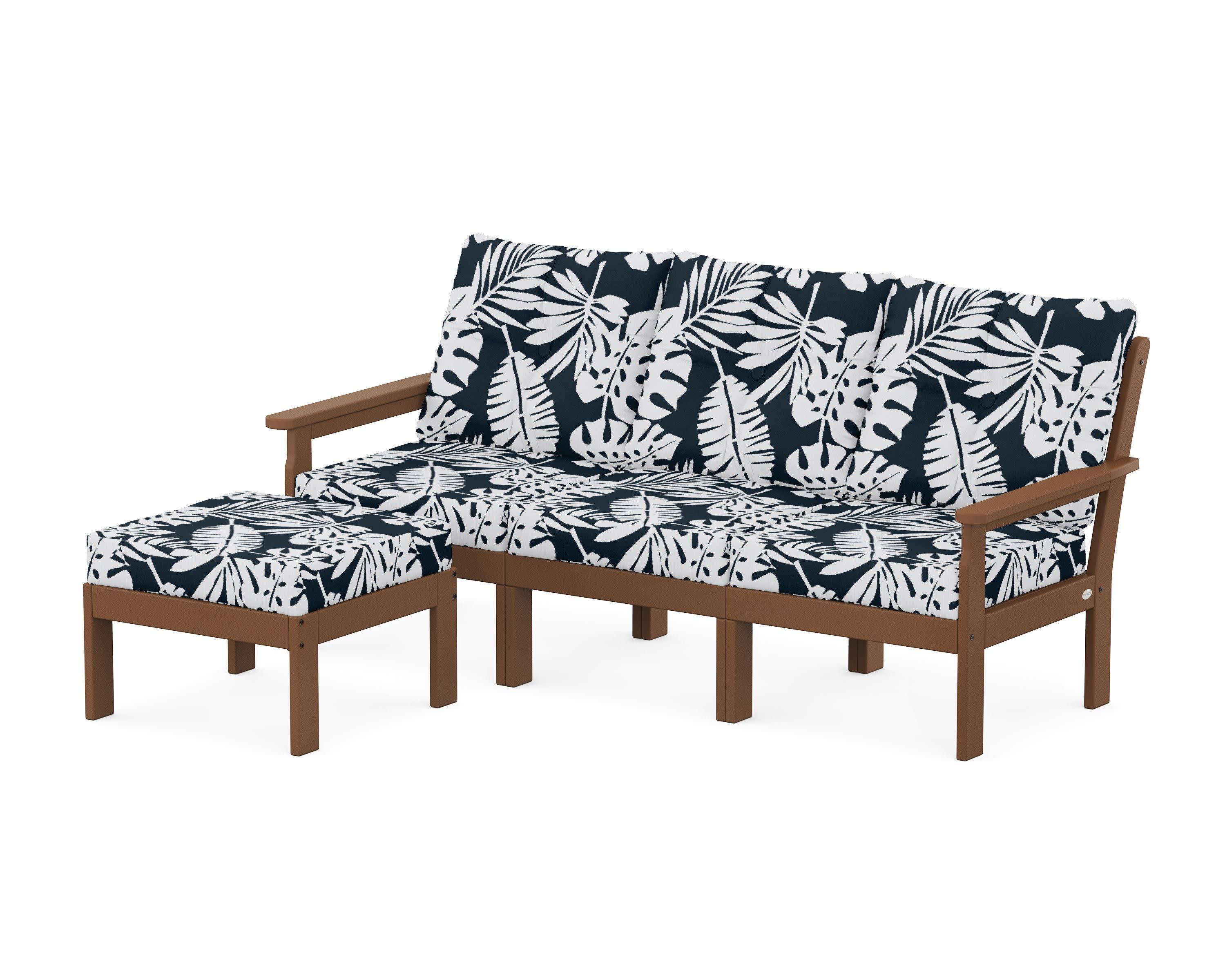 Vineyard 4-Piece Sectional with Ottoman in Teak / Leaf Marine Indigo