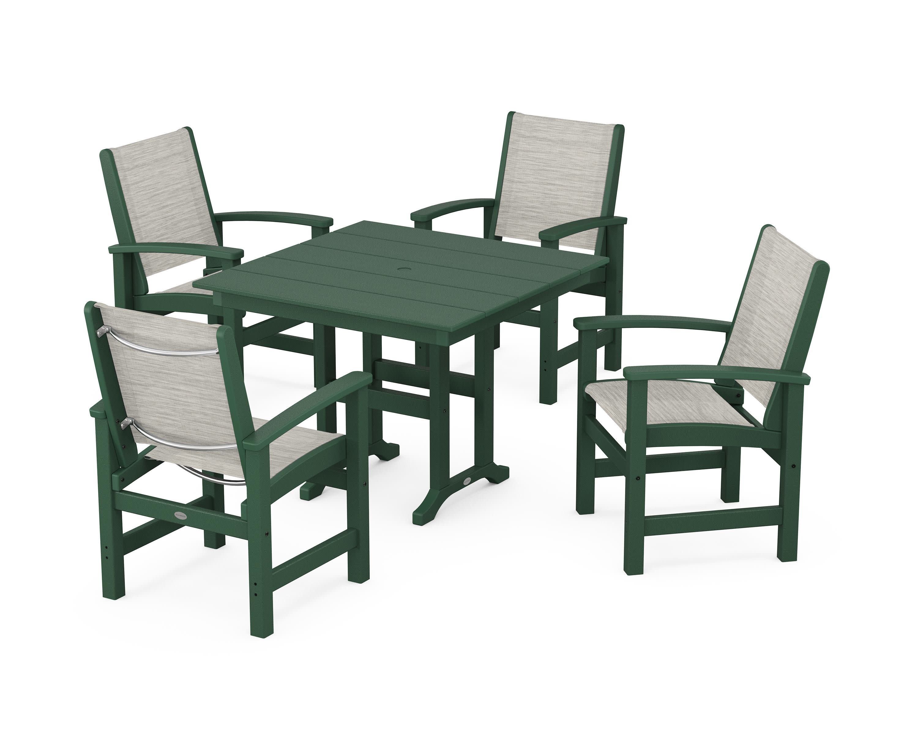 Coastal 5-Piece Farmhouse Dining Set in Green / Birch Sling