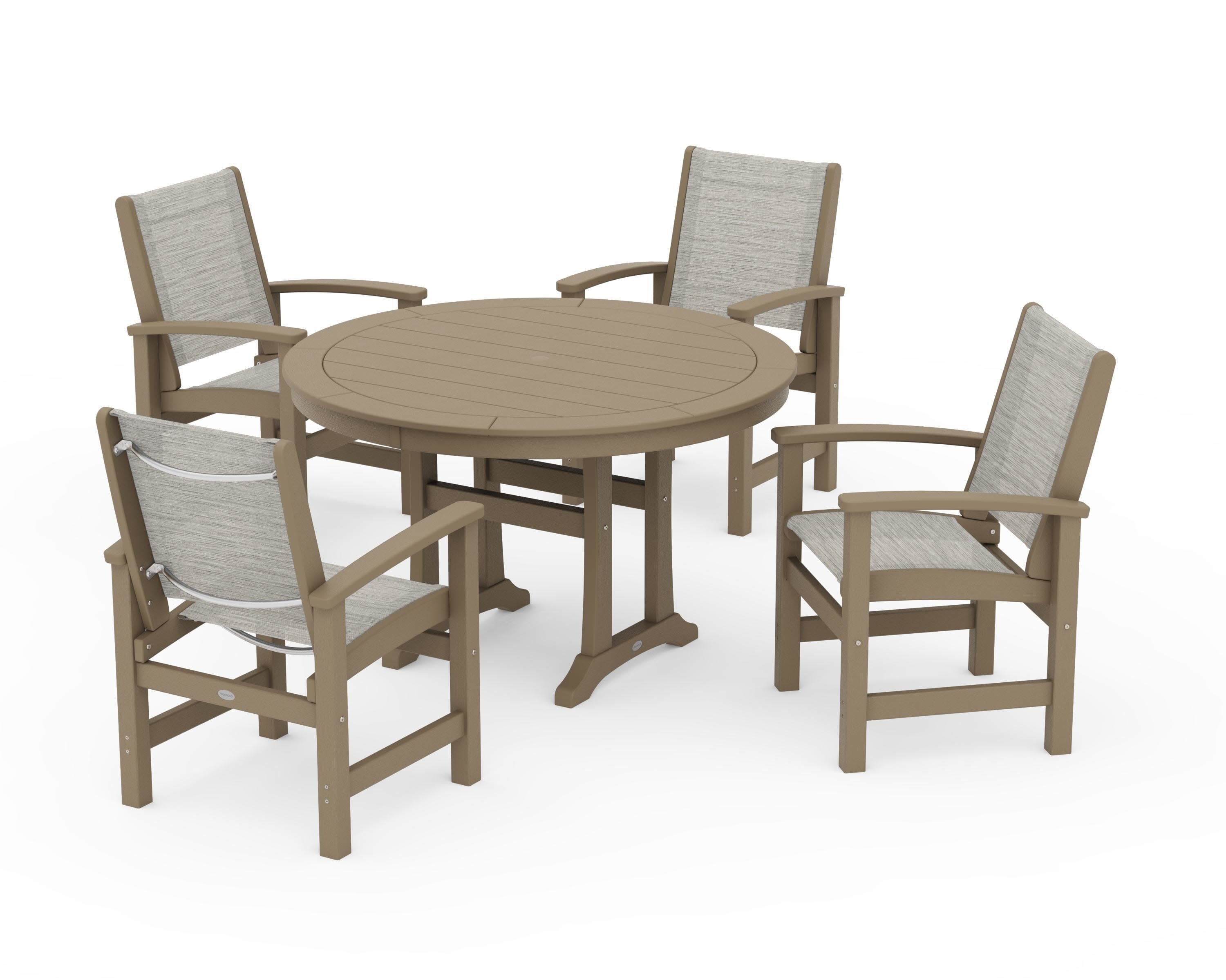 Coastal 5-Piece Round Dining Set with Trestle Legs in Vintage Sahara / Birch Sling