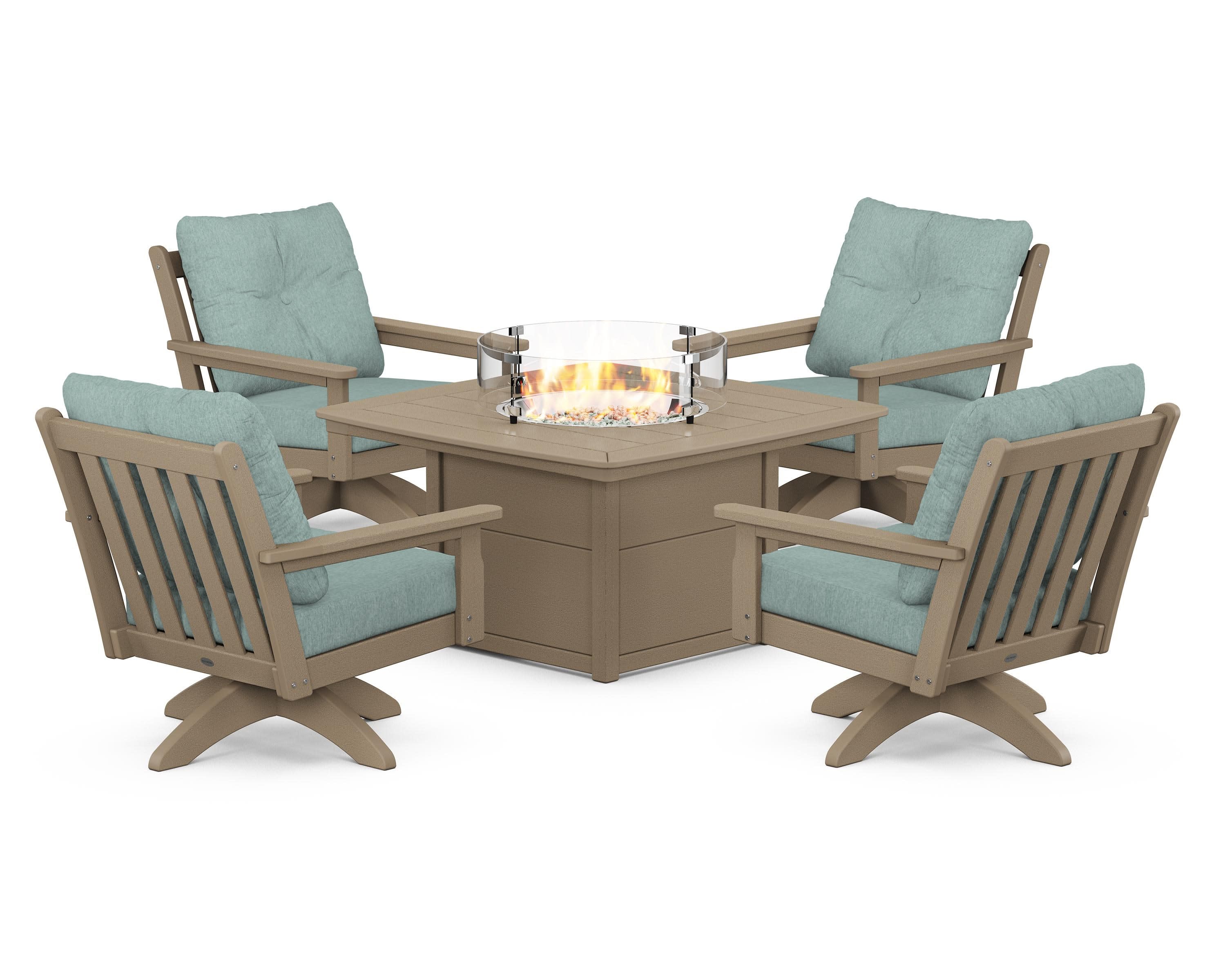 Vineyard 5-Piece Deep Seating Swivel Conversation Set with Fire Pit Table in Vintage Sahara / Glacier Spa