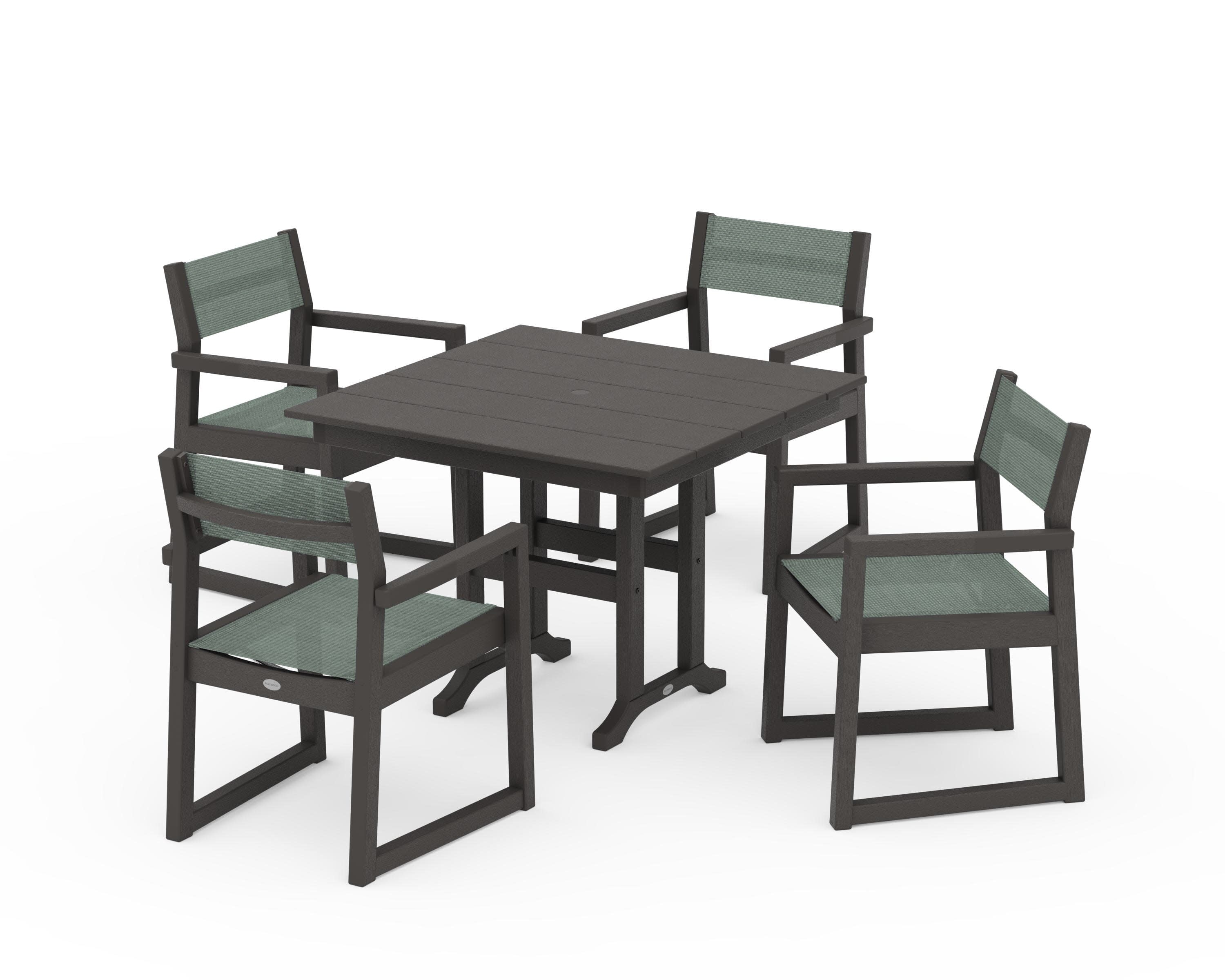 EDGE Sling Arm Chair 5-Piece Farmhouse Dining Set in Vintage Coffee / Dupioni Sea Mist Sling