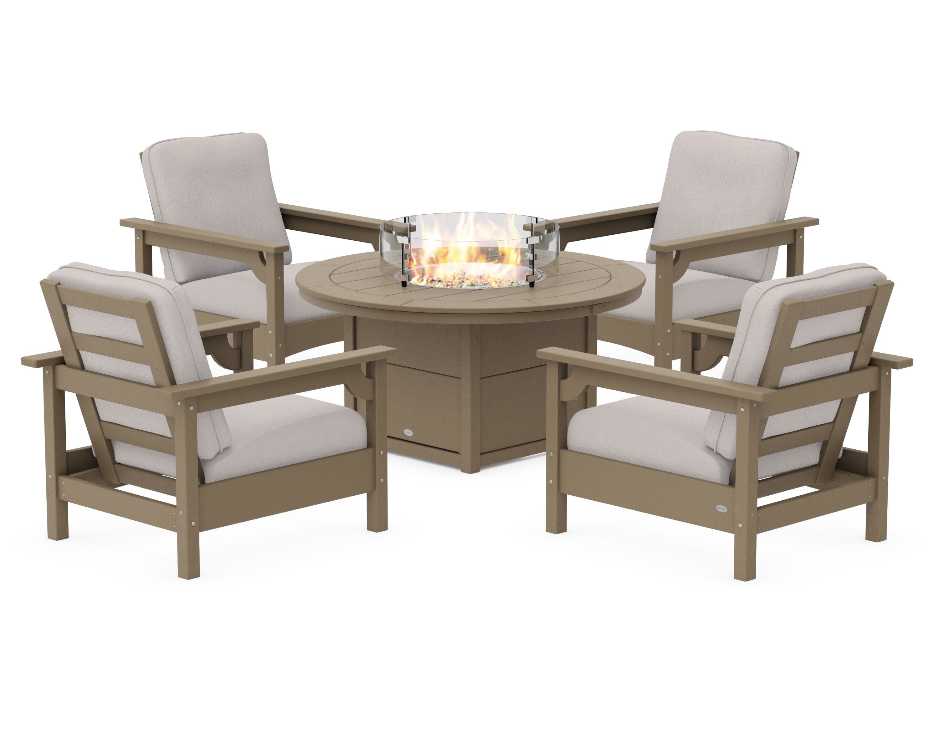 Club 5-Piece Conversation Set with Fire Pit Table in Vintage Sahara / Dune Burlap