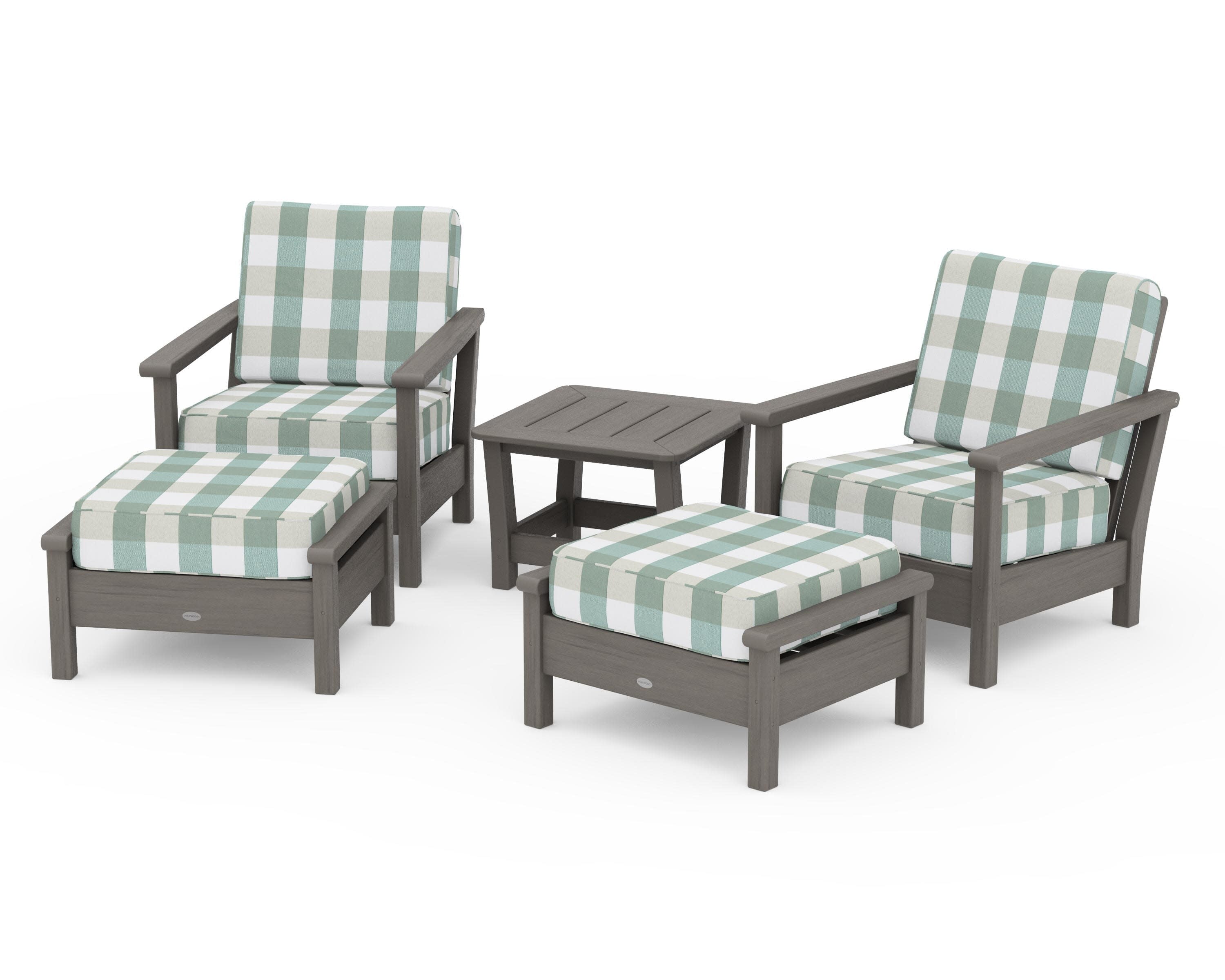Harbour 5-Piece Deep Seating Chair Set in Driftwood / Buffalo Plaid Glacier Spa
