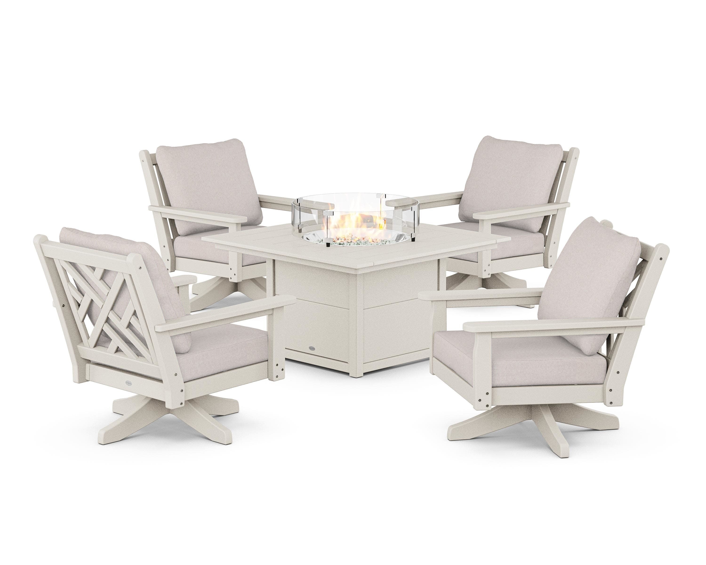 Chippendale 5-Piece Deep Seating Swivel Conversation Set with Fire Pit Table in Sand / Dune Burlap