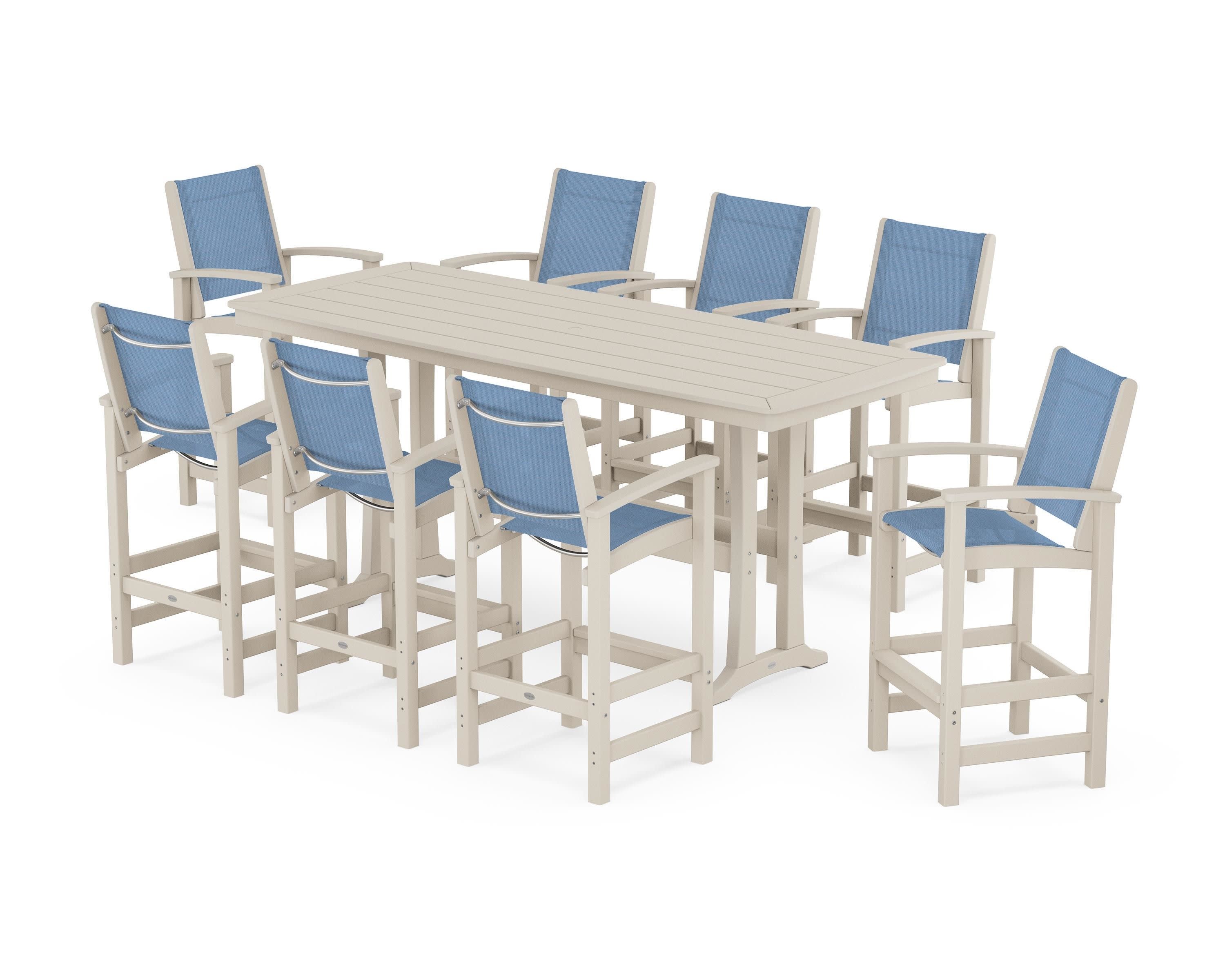 Coastal 9-Piece Bar Set with Trestle Legs in Sand / Poolside Sling