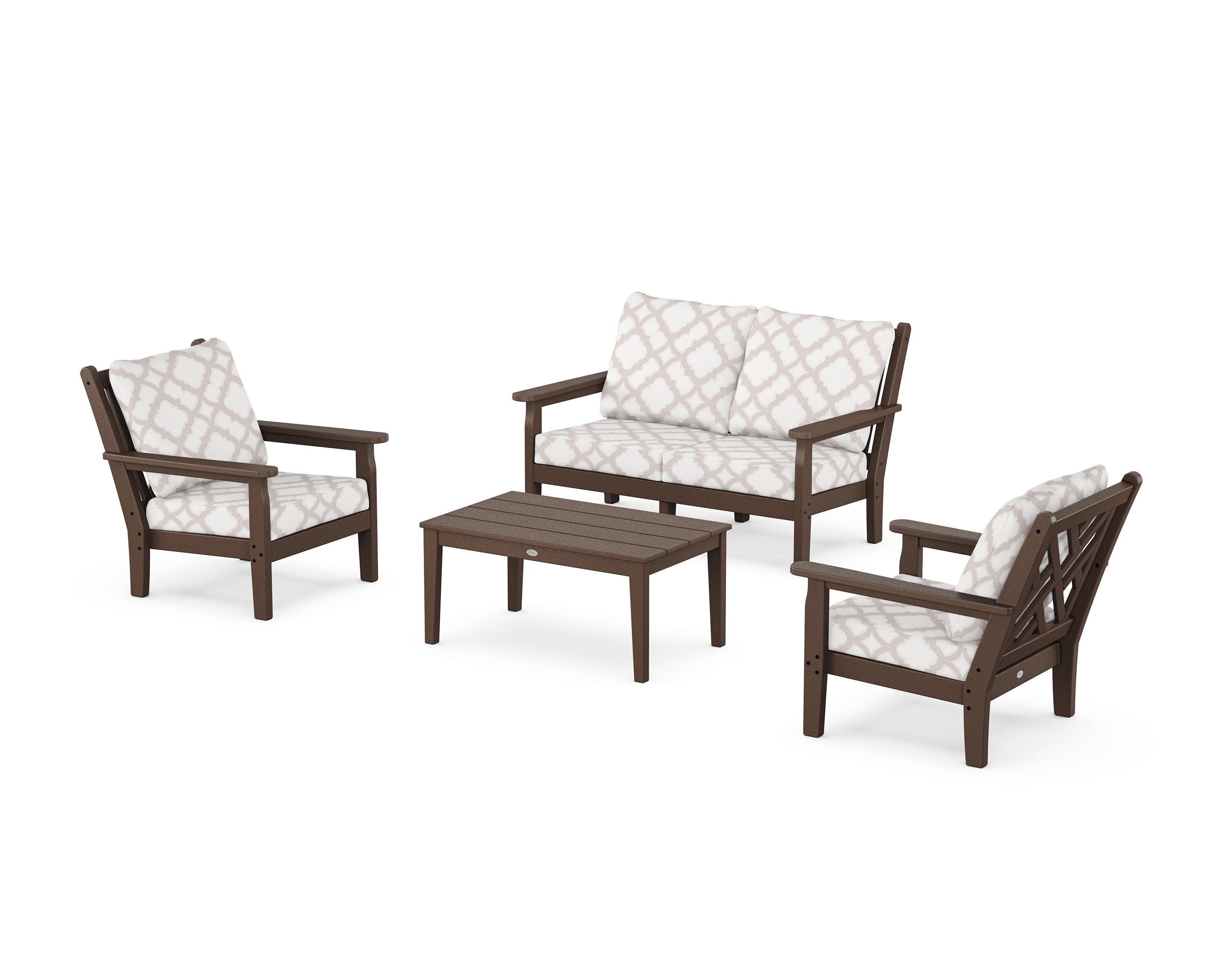 Chippendale 4-Piece Deep Seating Set with Loveseat in Mahogany / Trellis Dune Burlap