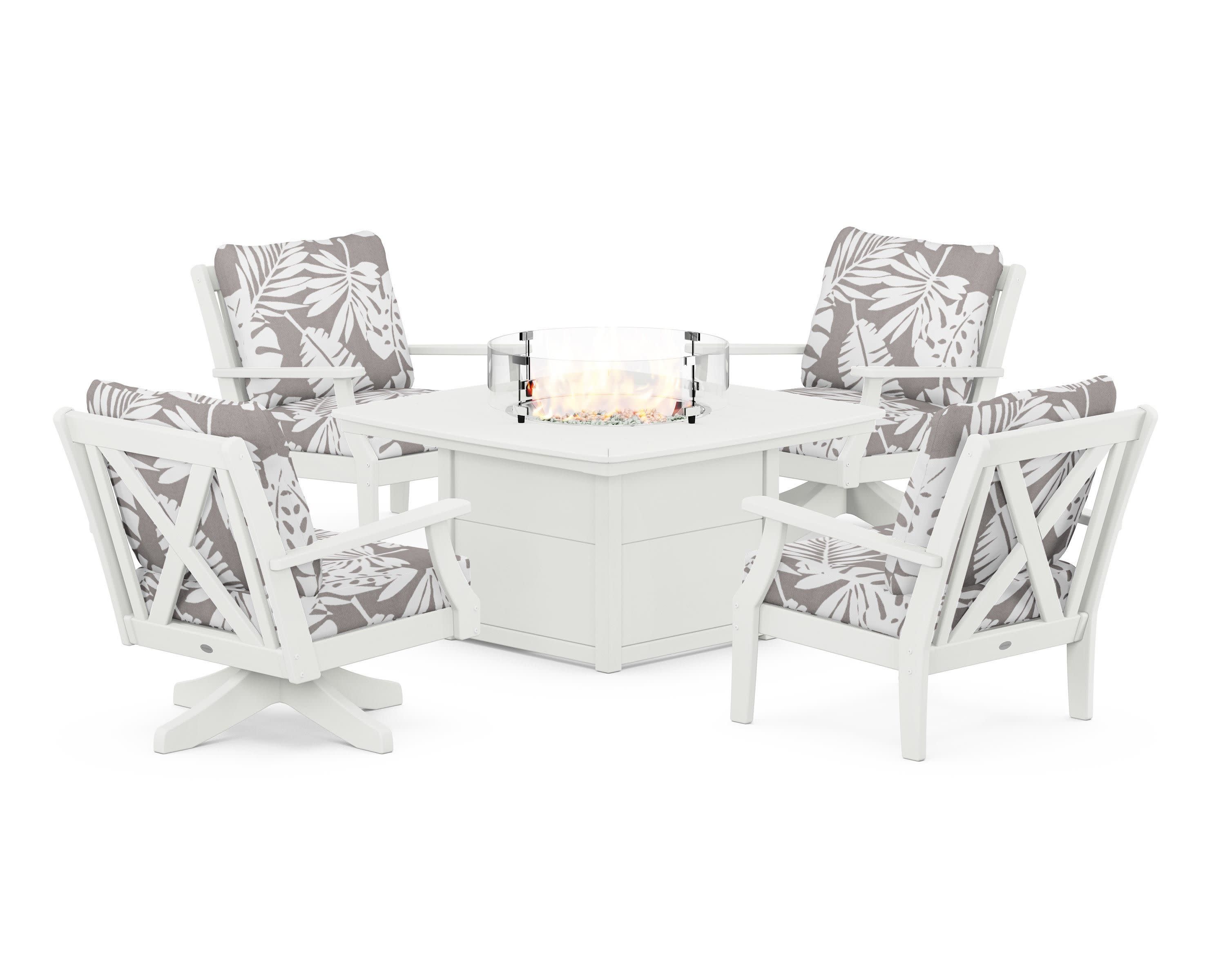 Braxton 5-Piece Deep Seating Set with Fire Table in Vintage White / Leaf Grey Mist