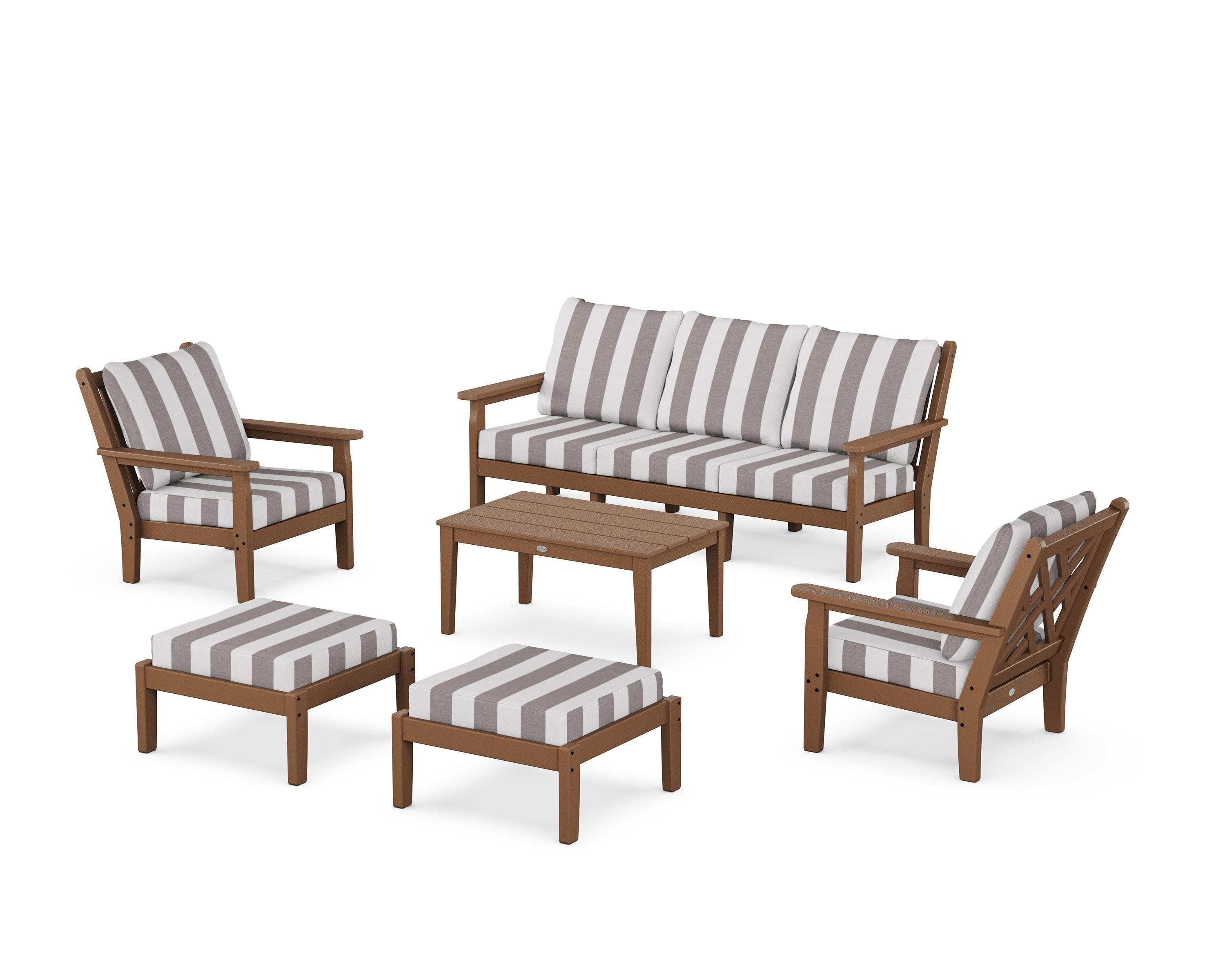 Chippendale 6-Piece Lounge Sofa Set in Teak / Cabana Stripe Grey Mist