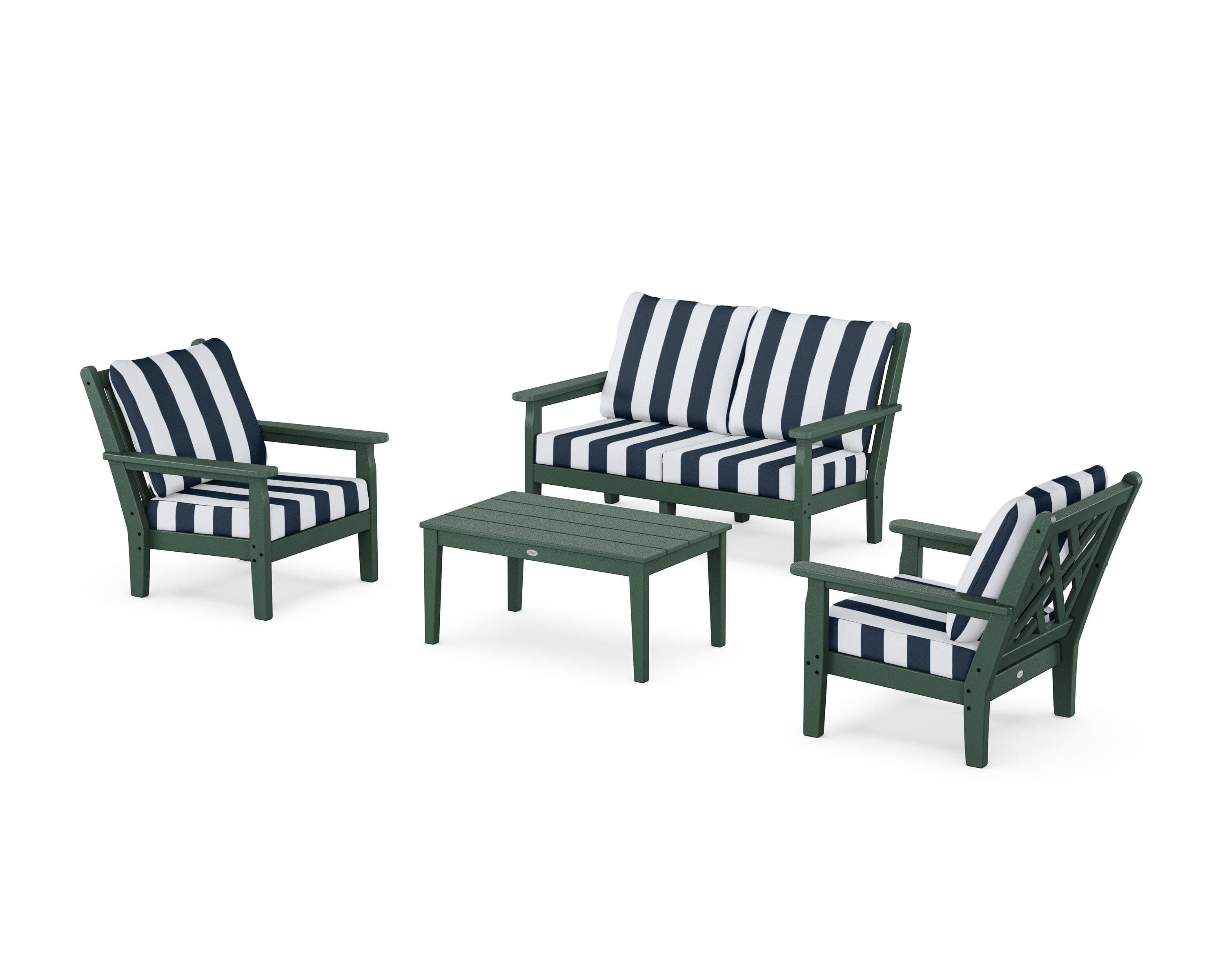 Chippendale 4-Piece Deep Seating Set with Loveseat in Green / Cabana Stripe Marine Indigo