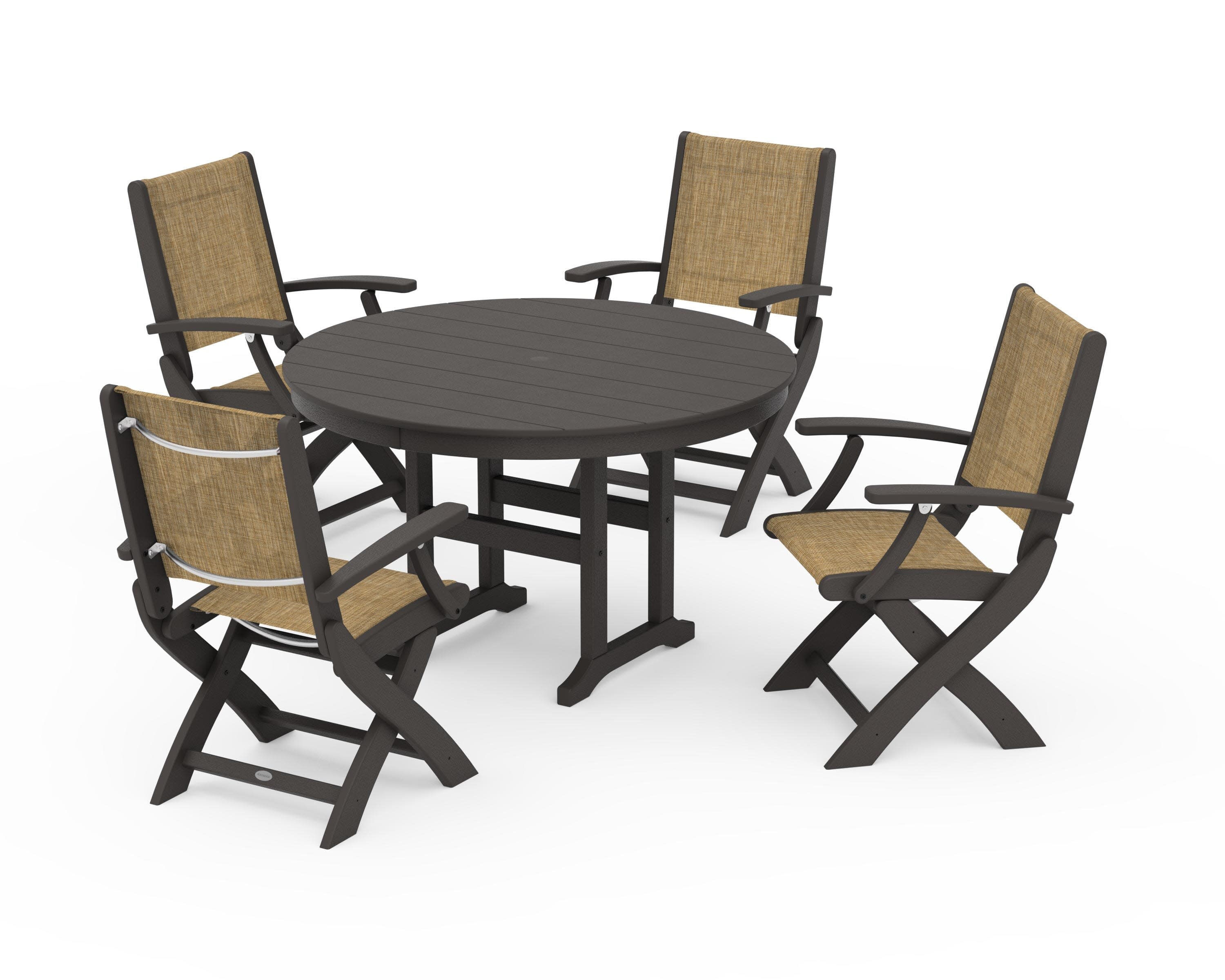 Coastal Folding Chair 5-Piece Round Dining Set in Vintage Coffee / Burlap Sling